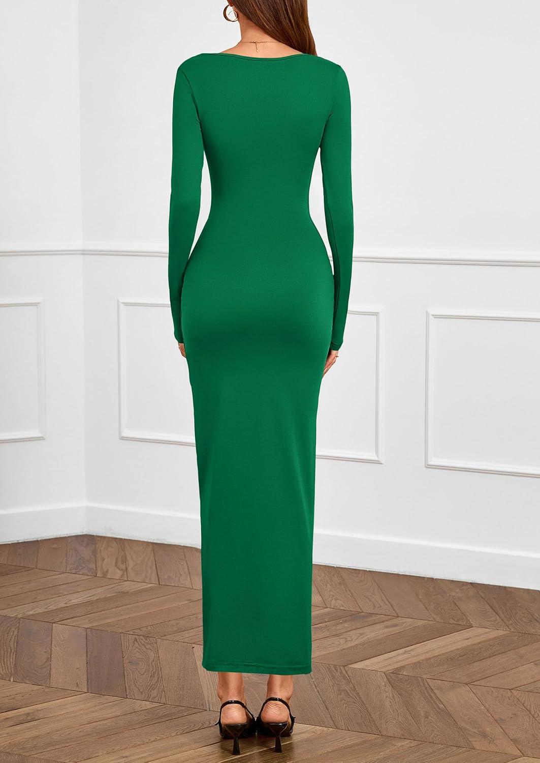 imagePRETTYGARDEN Womens Fall Wedding Guest Cocktail Midi Dresses Elegant Long Sleeve Bodycon Ruched Dress 2026 Fashion ClothingGreen