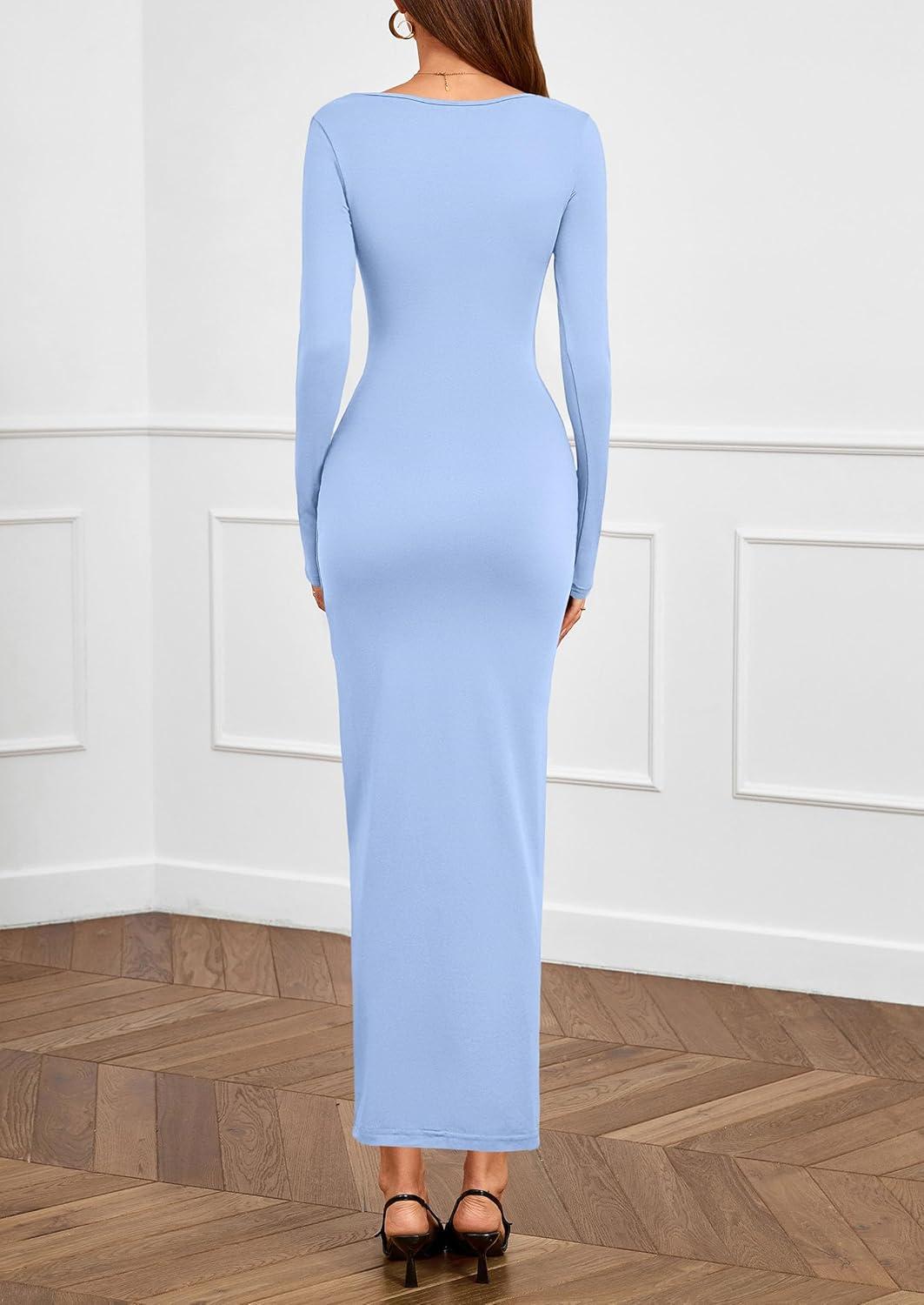 imagePRETTYGARDEN Womens Fall Wedding Guest Cocktail Midi Dresses Elegant Long Sleeve Bodycon Ruched Dress 2026 Fashion ClothingLight Blue
