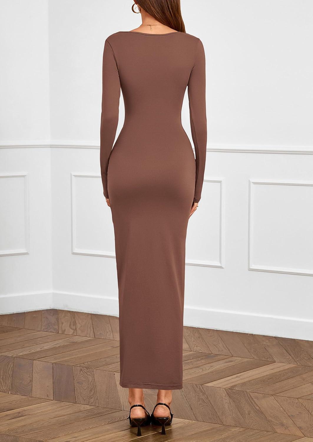 imagePRETTYGARDEN Womens Fall Wedding Guest Cocktail Midi Dresses Elegant Long Sleeve Bodycon Ruched Dress 2026 Fashion ClothingLight Brown