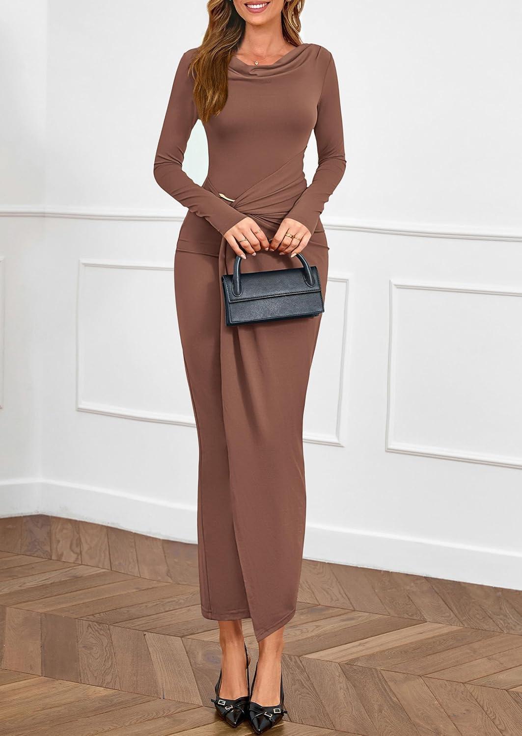 imagePRETTYGARDEN Womens Fall Wedding Guest Cocktail Midi Dresses Elegant Long Sleeve Bodycon Ruched Dress 2026 Fashion ClothingLight Brown