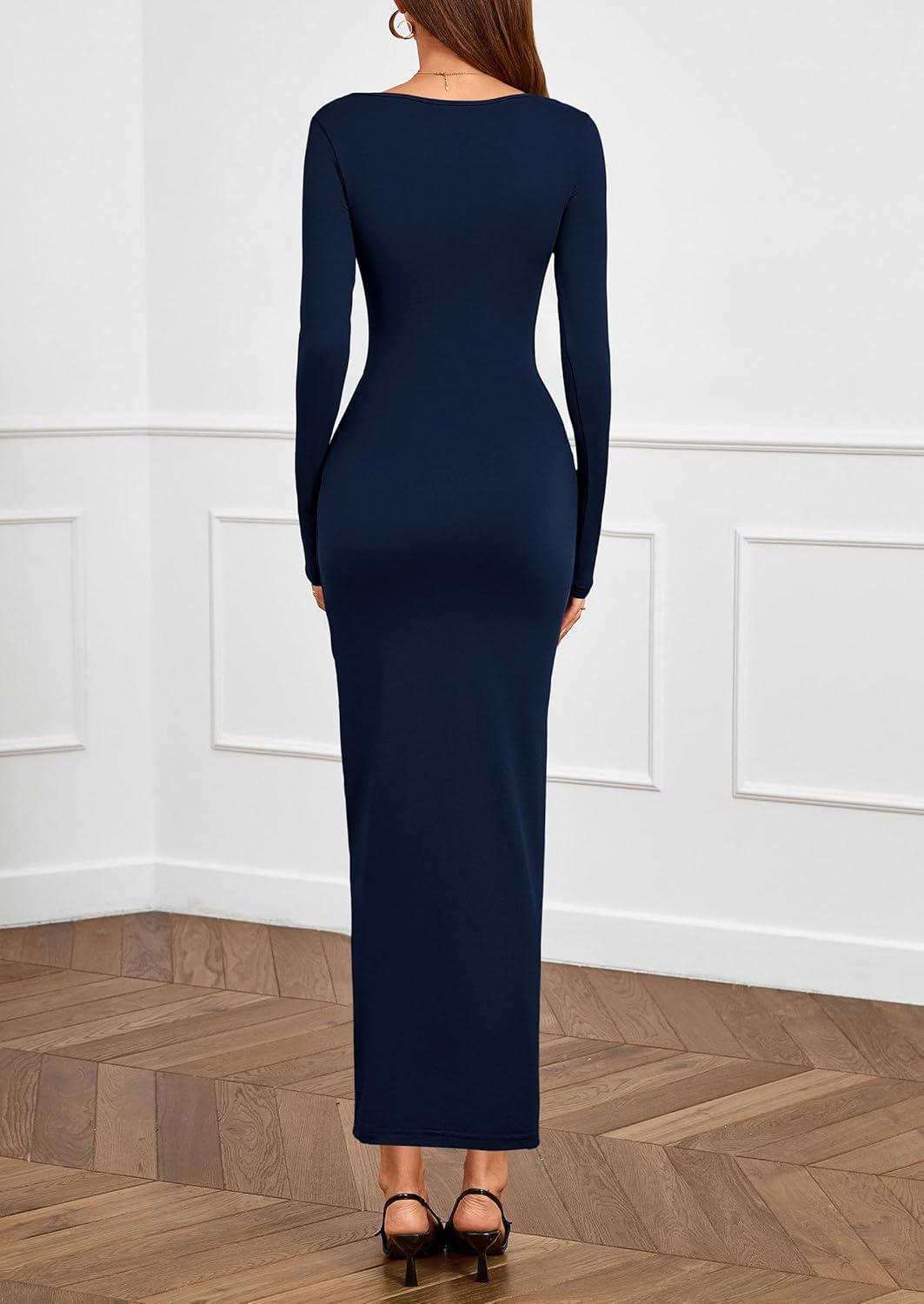 imagePRETTYGARDEN Womens Fall Wedding Guest Cocktail Midi Dresses Elegant Long Sleeve Bodycon Ruched Dress 2026 Fashion ClothingNavy Blue