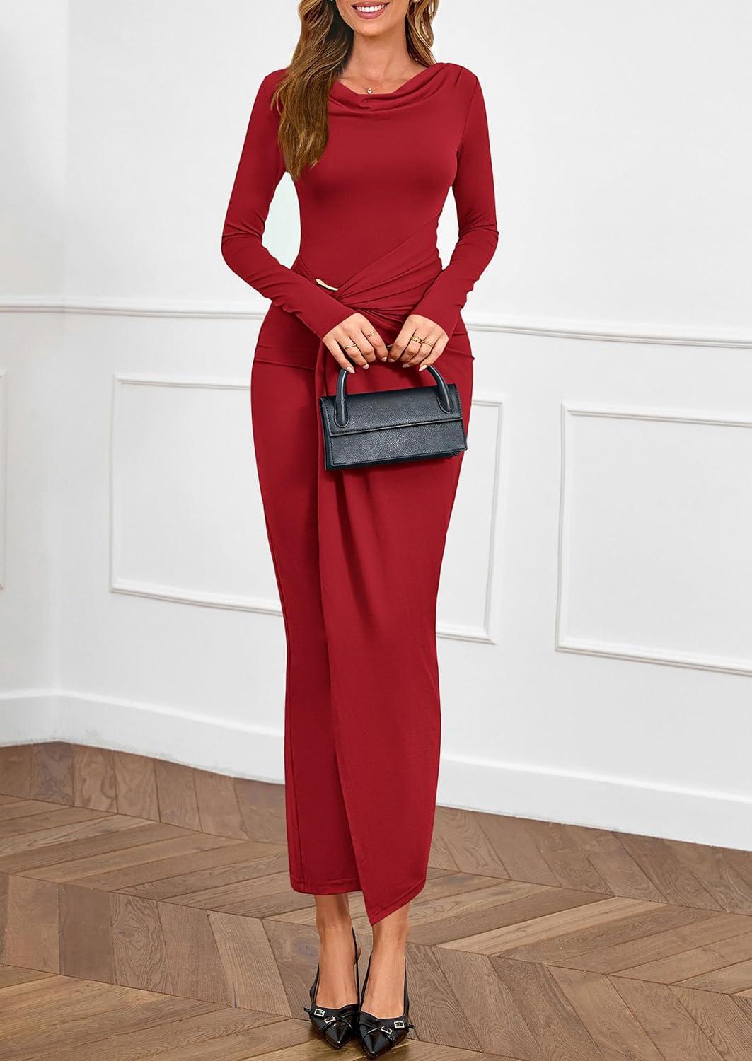 imagePRETTYGARDEN Womens Fall Wedding Guest Cocktail Midi Dresses Elegant Long Sleeve Bodycon Ruched Dress 2026 Fashion ClothingRed