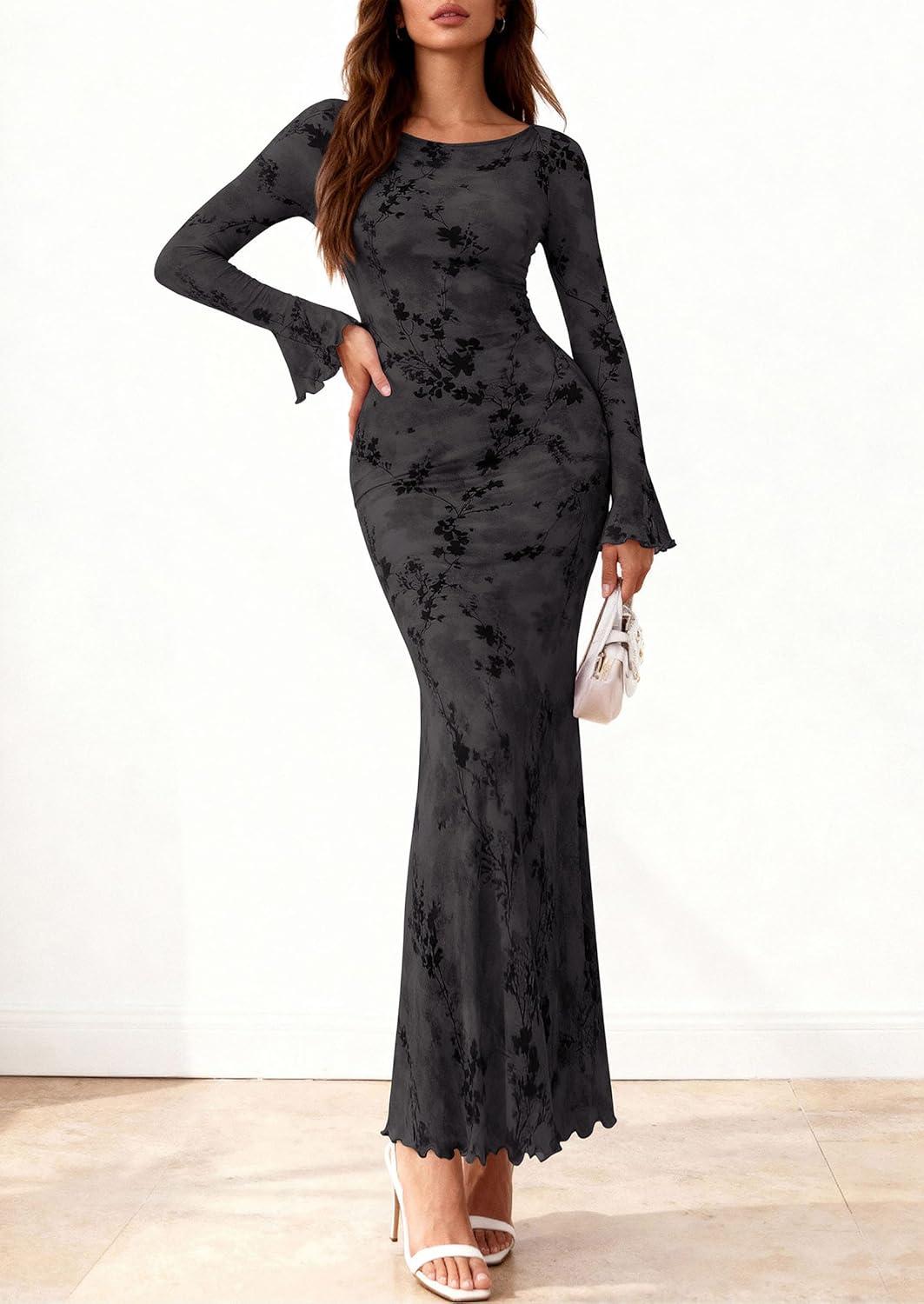 imagePRETTYGARDEN Womens Floral Bodycon Maxi Dress 2026 Spring Elegant Mesh Long Sleeve Formal Wedding Guest Cocktail DressesStyle2black