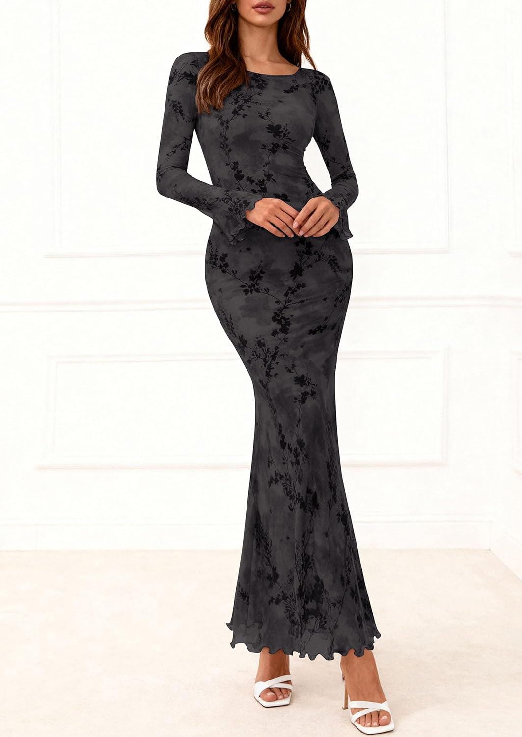 imagePRETTYGARDEN Womens Floral Bodycon Maxi Dress 2026 Spring Elegant Mesh Long Sleeve Formal Wedding Guest Cocktail DressesStyle2black