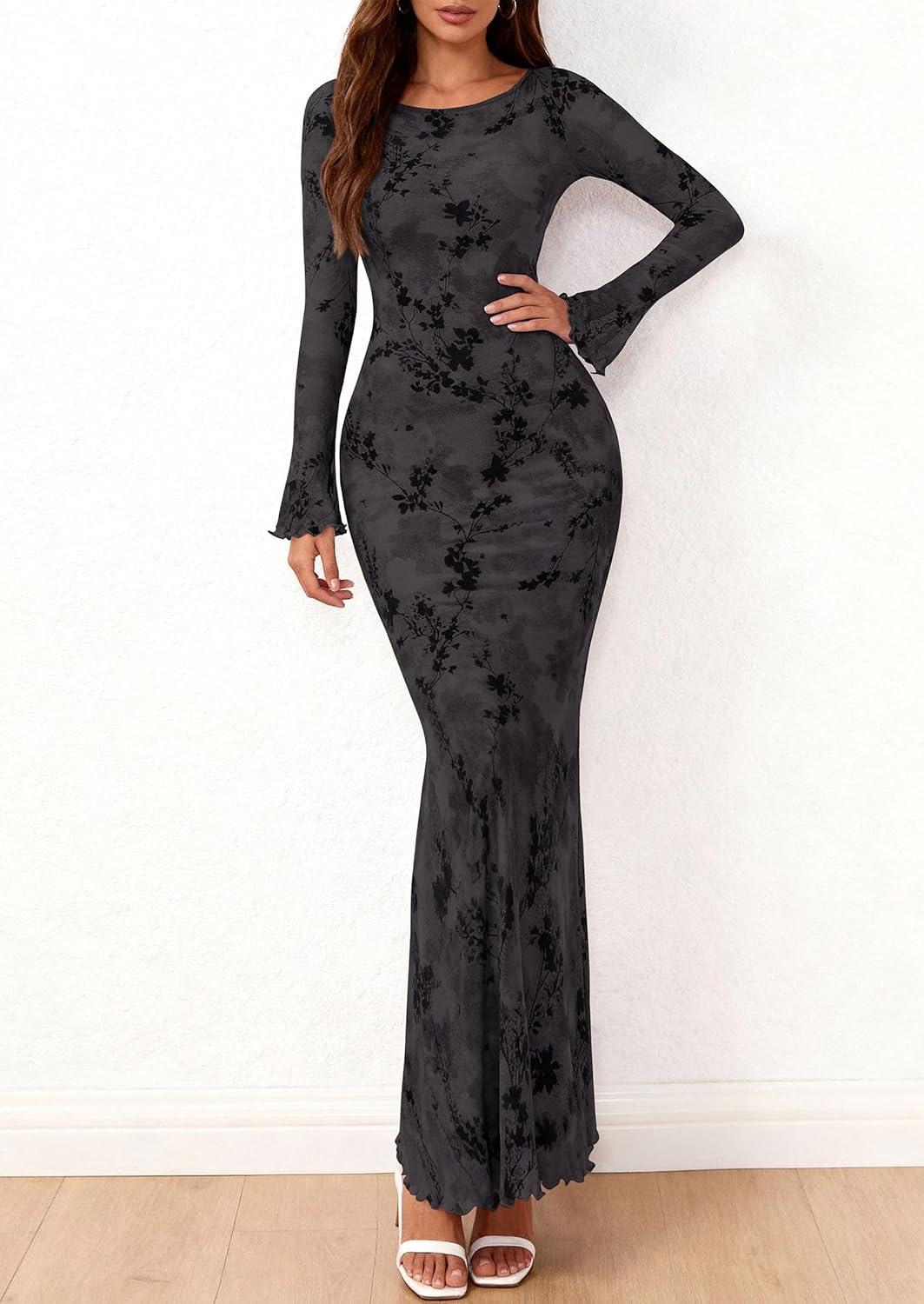 imagePRETTYGARDEN Womens Floral Bodycon Maxi Dress 2026 Spring Elegant Mesh Long Sleeve Formal Wedding Guest Cocktail DressesStyle2black