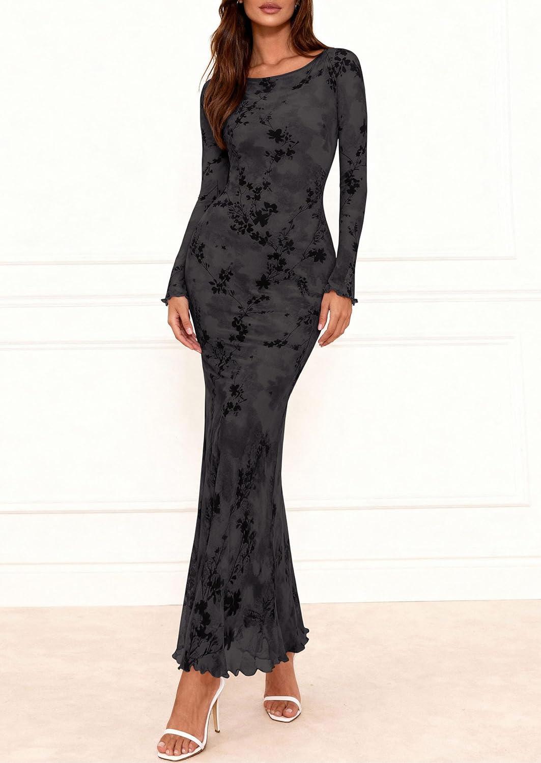 imagePRETTYGARDEN Womens Floral Bodycon Maxi Dress 2026 Spring Elegant Mesh Long Sleeve Formal Wedding Guest Cocktail DressesStyle2black