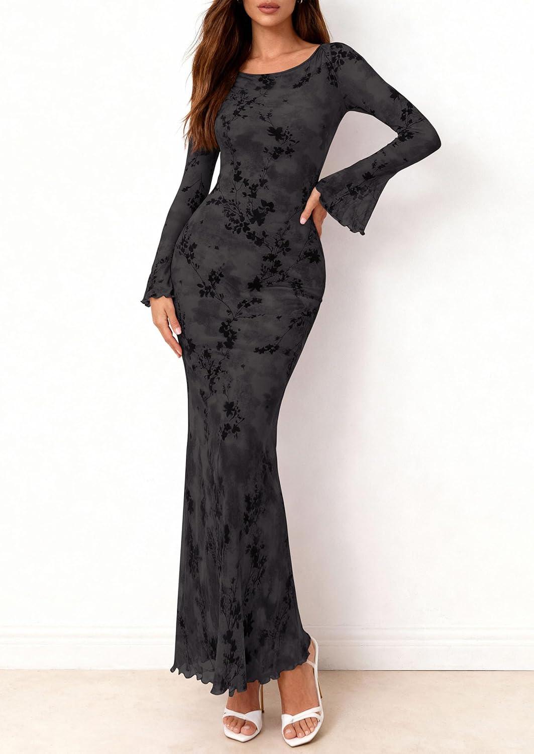 imagePRETTYGARDEN Womens Floral Bodycon Maxi Dress 2026 Spring Elegant Mesh Long Sleeve Formal Wedding Guest Cocktail DressesStyle2black