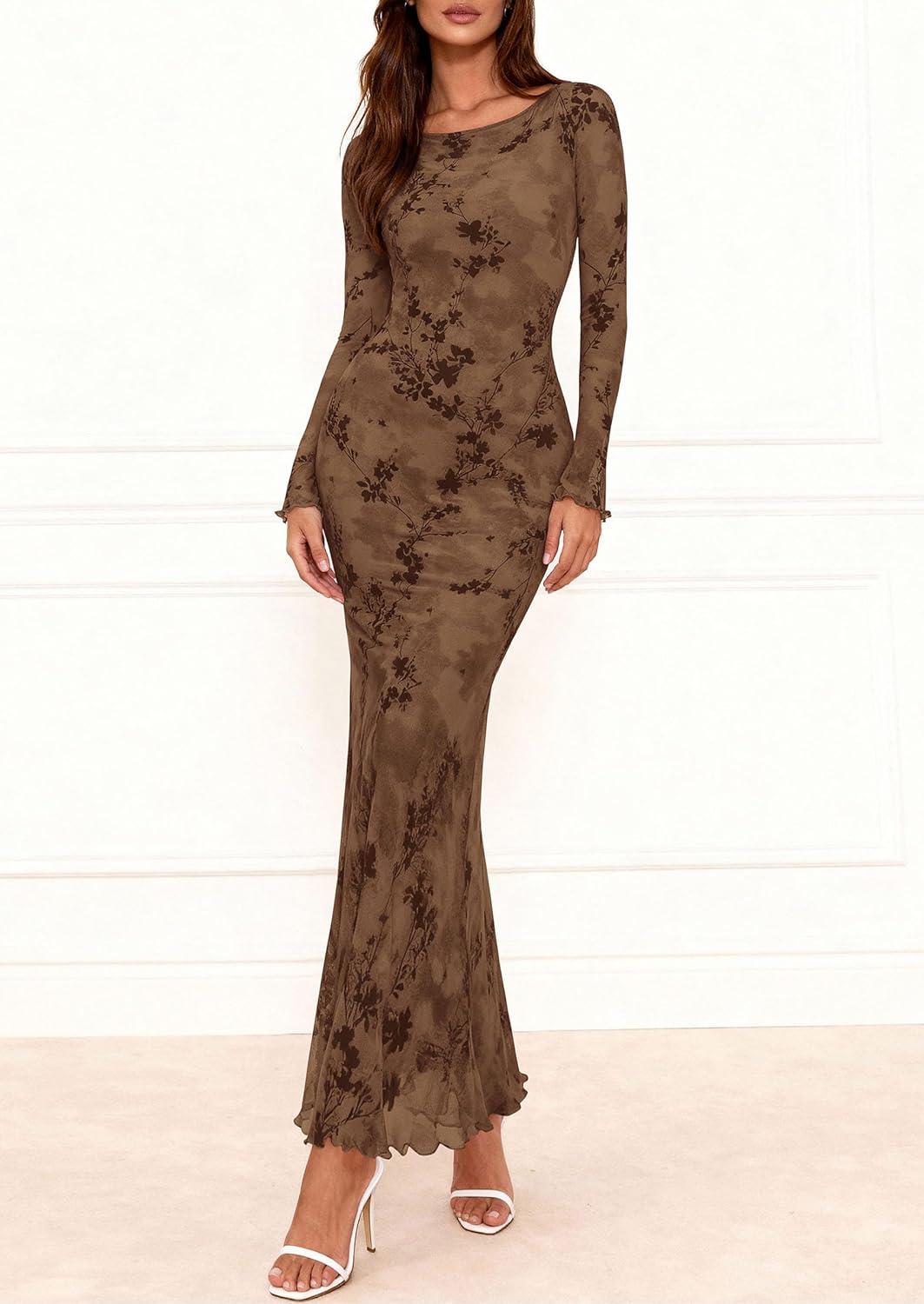 imagePRETTYGARDEN Womens Floral Bodycon Maxi Dress 2026 Spring Elegant Mesh Long Sleeve Formal Wedding Guest Cocktail DressesStyle2brown