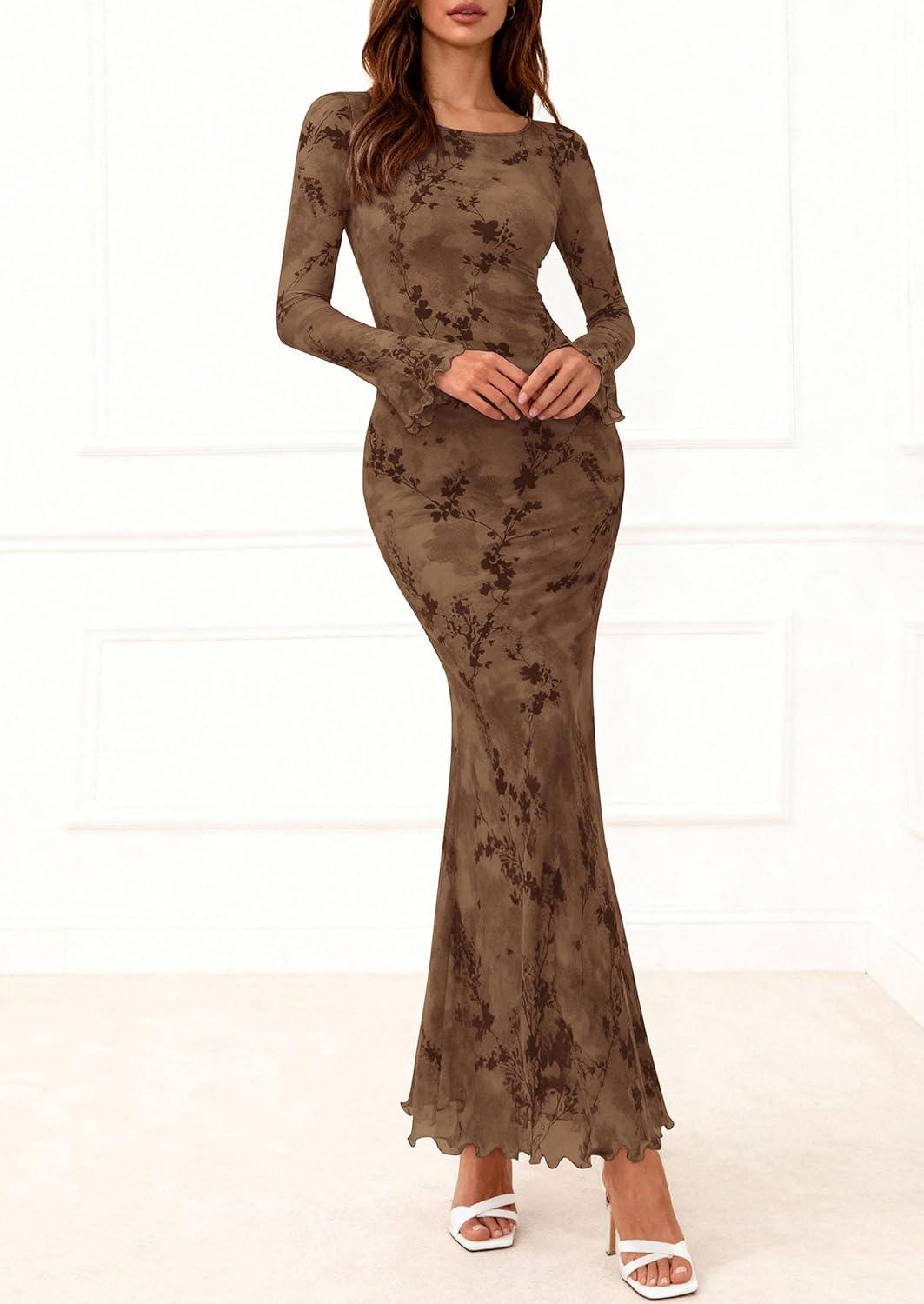 imagePRETTYGARDEN Womens Floral Bodycon Maxi Dress 2026 Spring Elegant Mesh Long Sleeve Formal Wedding Guest Cocktail DressesStyle2brown