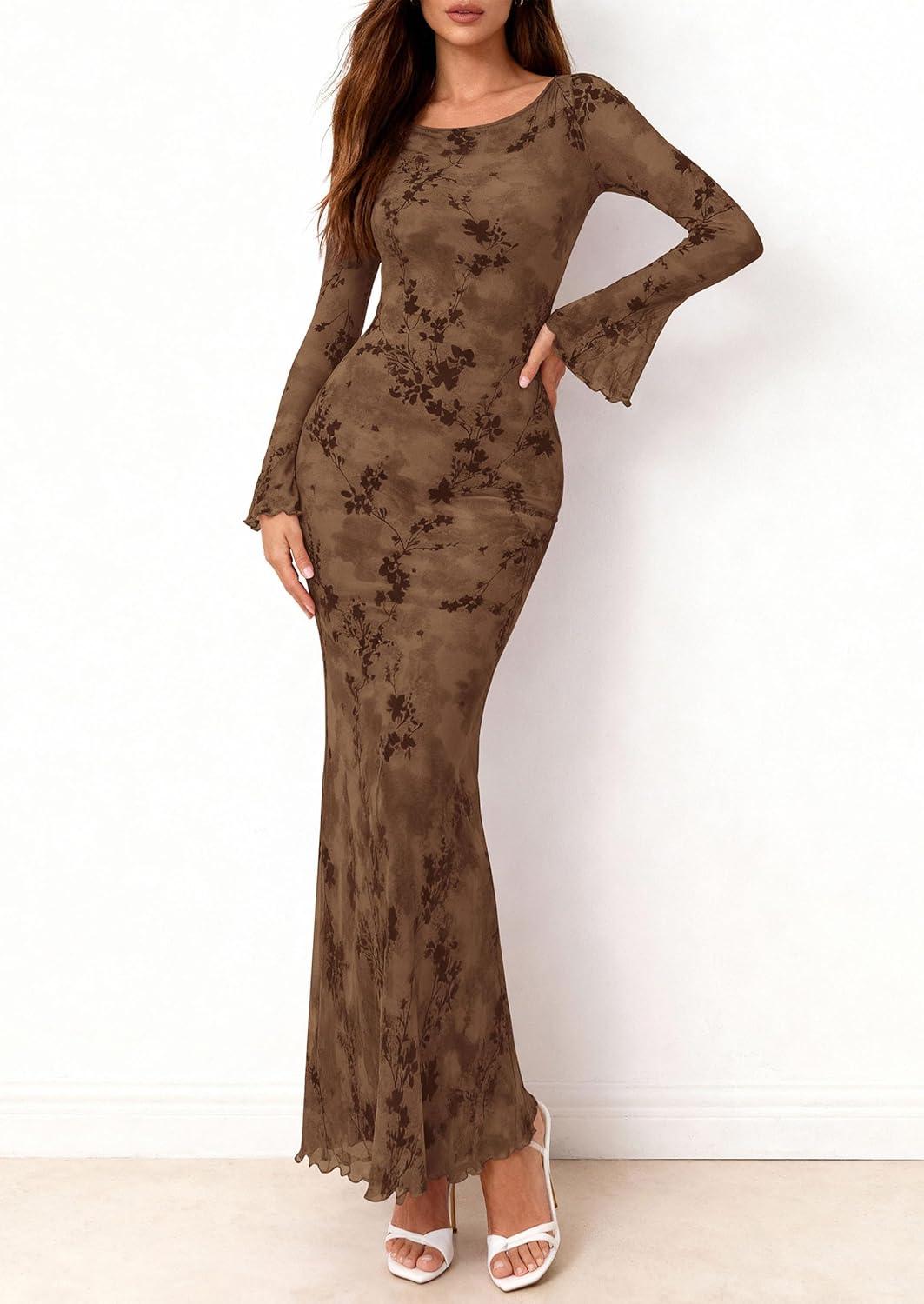 imagePRETTYGARDEN Womens Floral Bodycon Maxi Dress 2026 Spring Elegant Mesh Long Sleeve Formal Wedding Guest Cocktail DressesStyle2brown