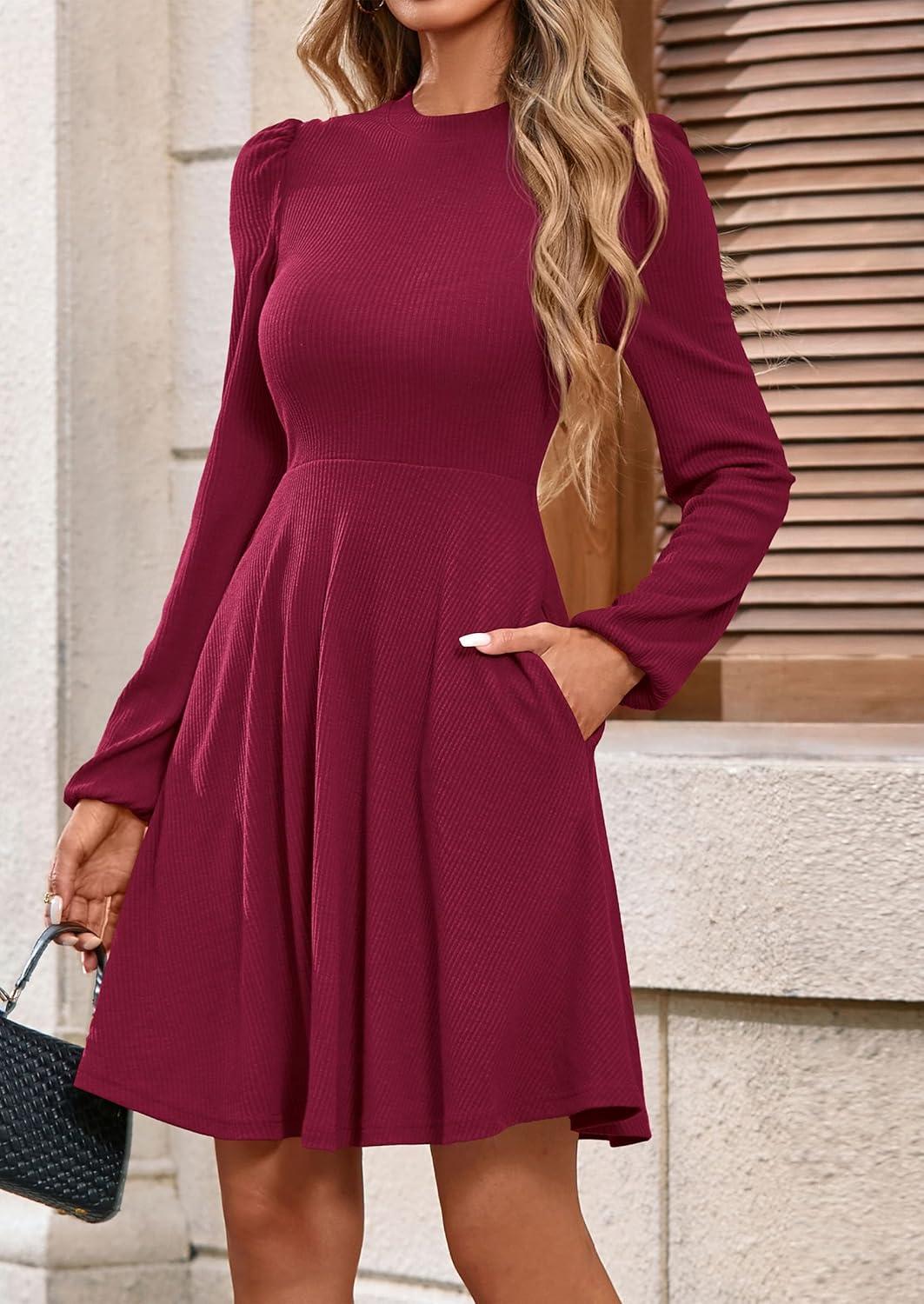 imagePRETTYGARDEN Womens Long Sleeve Mini Dress 2026 Fall Trendy Crewneck Ribbed Knit Soft A Line Flowy Summer Formal DressesWine Red