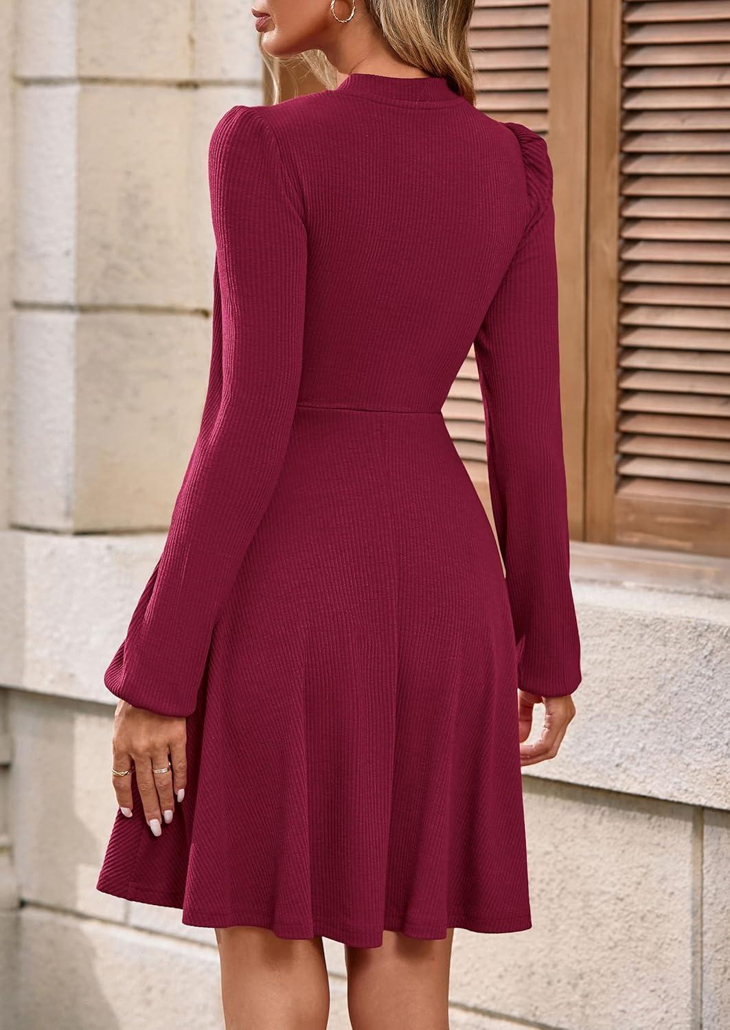 imagePRETTYGARDEN Womens Long Sleeve Mini Dress 2026 Fall Trendy Crewneck Ribbed Knit Soft A Line Flowy Summer Formal DressesWine Red