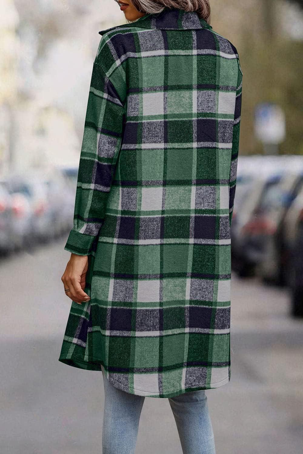 imagePRETTYGARDEN Womens Plaid Shacket Jacket Fall Fashion 2026 Long Sleeve Button Up Flannel Shirt Winter Clothing Woolen CoatsDark Green