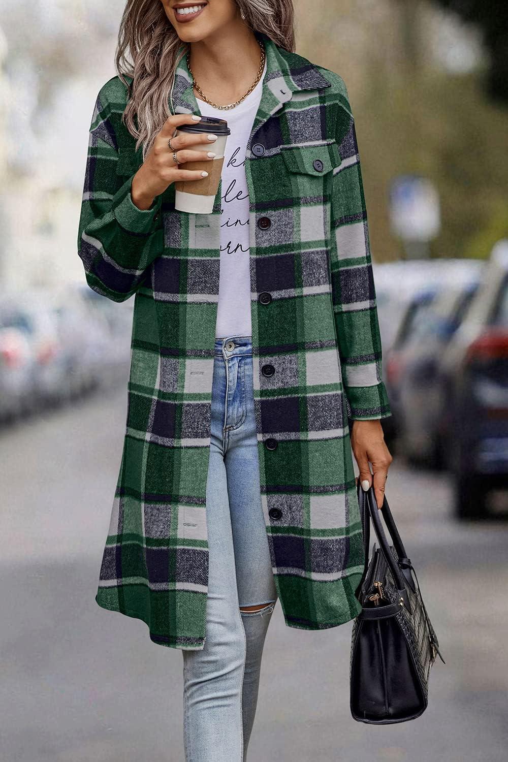 imagePRETTYGARDEN Womens Plaid Shacket Jacket Fall Fashion 2026 Long Sleeve Button Up Flannel Shirt Winter Clothing Woolen CoatsDark Green