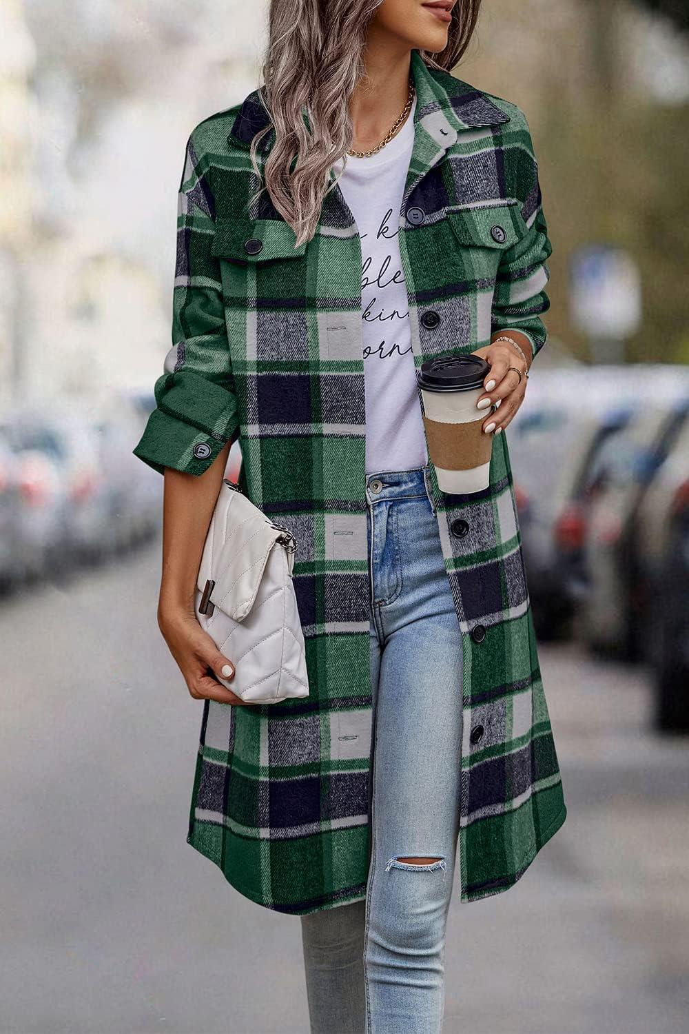imagePRETTYGARDEN Womens Plaid Shacket Jacket Fall Fashion 2026 Long Sleeve Button Up Flannel Shirt Winter Clothing Woolen CoatsDark Green