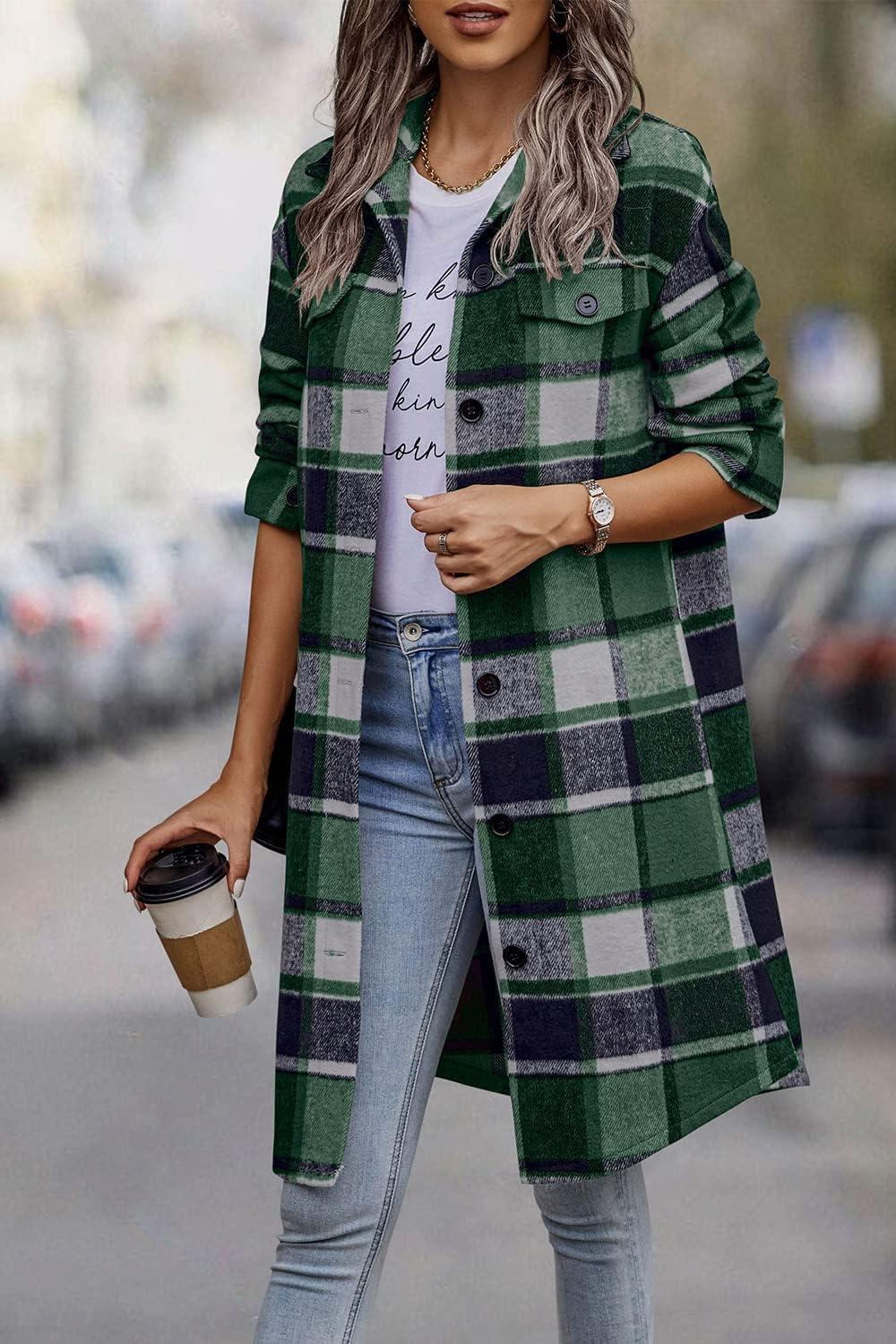 imagePRETTYGARDEN Womens Plaid Shacket Jacket Fall Fashion 2026 Long Sleeve Button Up Flannel Shirt Winter Clothing Woolen CoatsDark Green