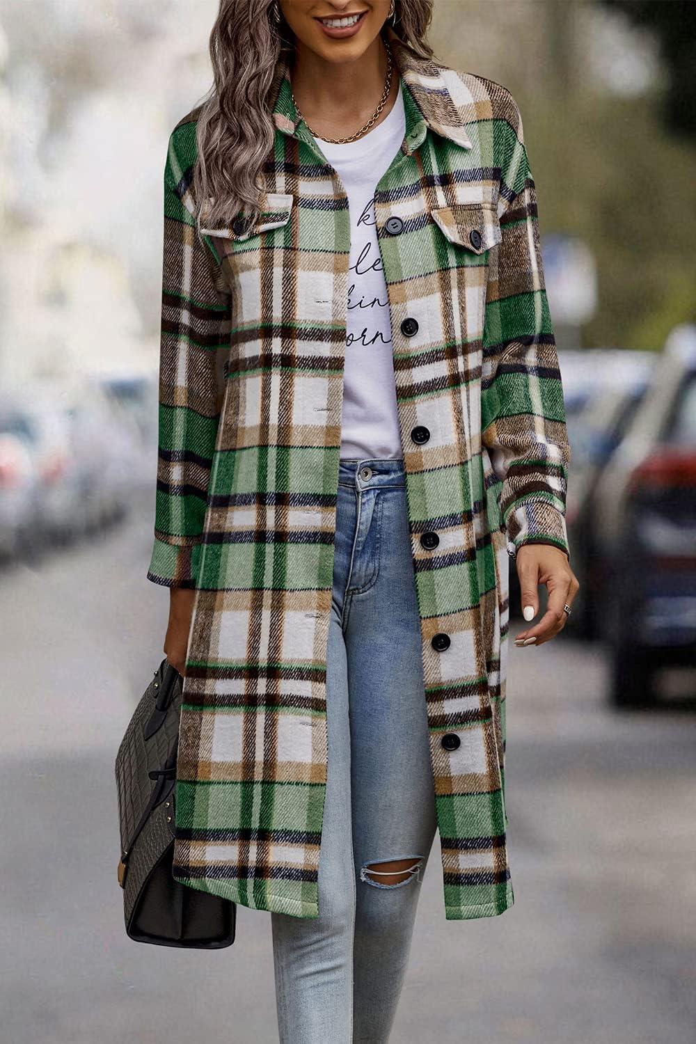 imagePRETTYGARDEN Womens Plaid Shacket Jacket Fall Fashion 2026 Long Sleeve Button Up Flannel Shirt Winter Clothing Woolen CoatsGreen