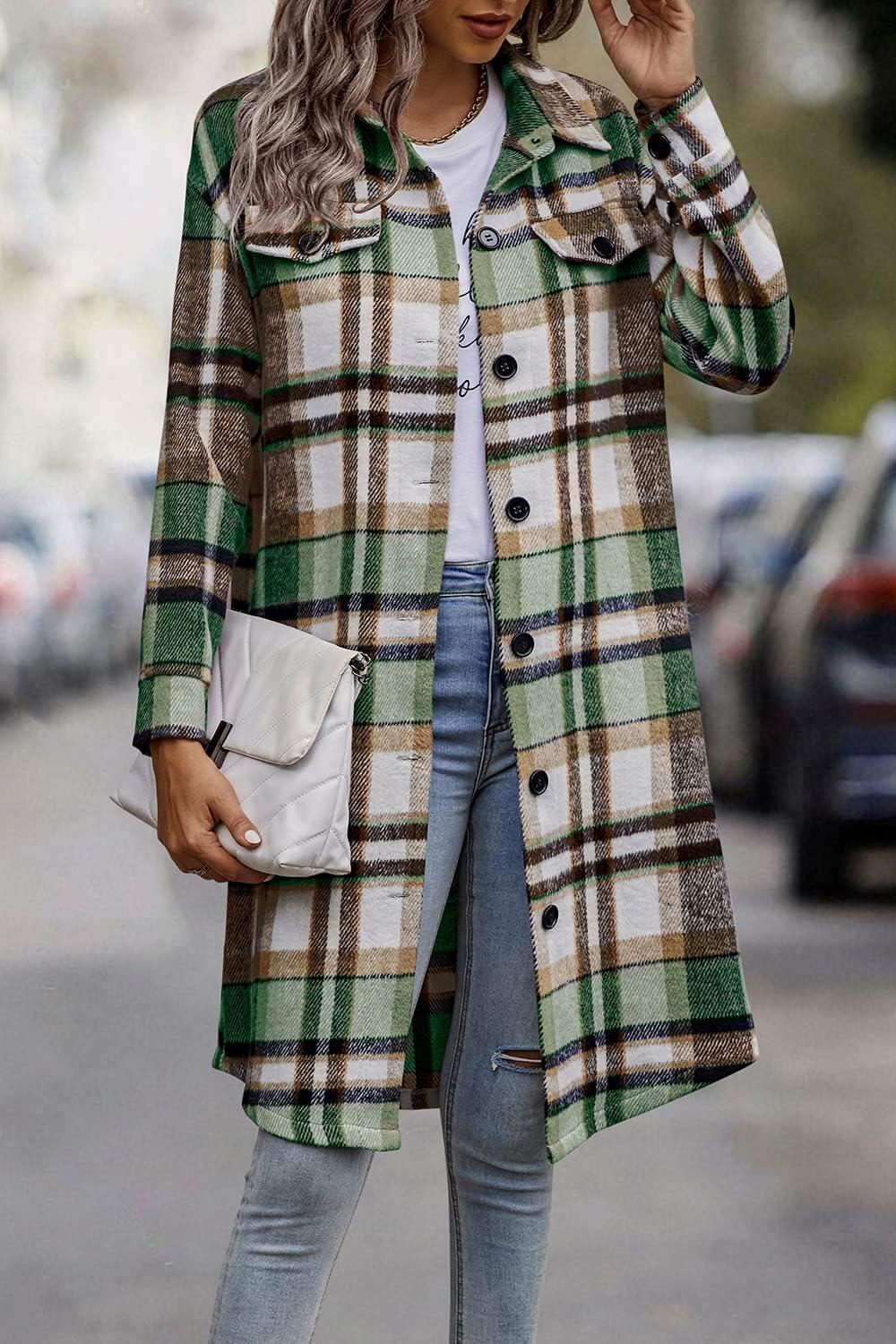 imagePRETTYGARDEN Womens Plaid Shacket Jacket Fall Fashion 2026 Long Sleeve Button Up Flannel Shirt Winter Clothing Woolen CoatsGreen
