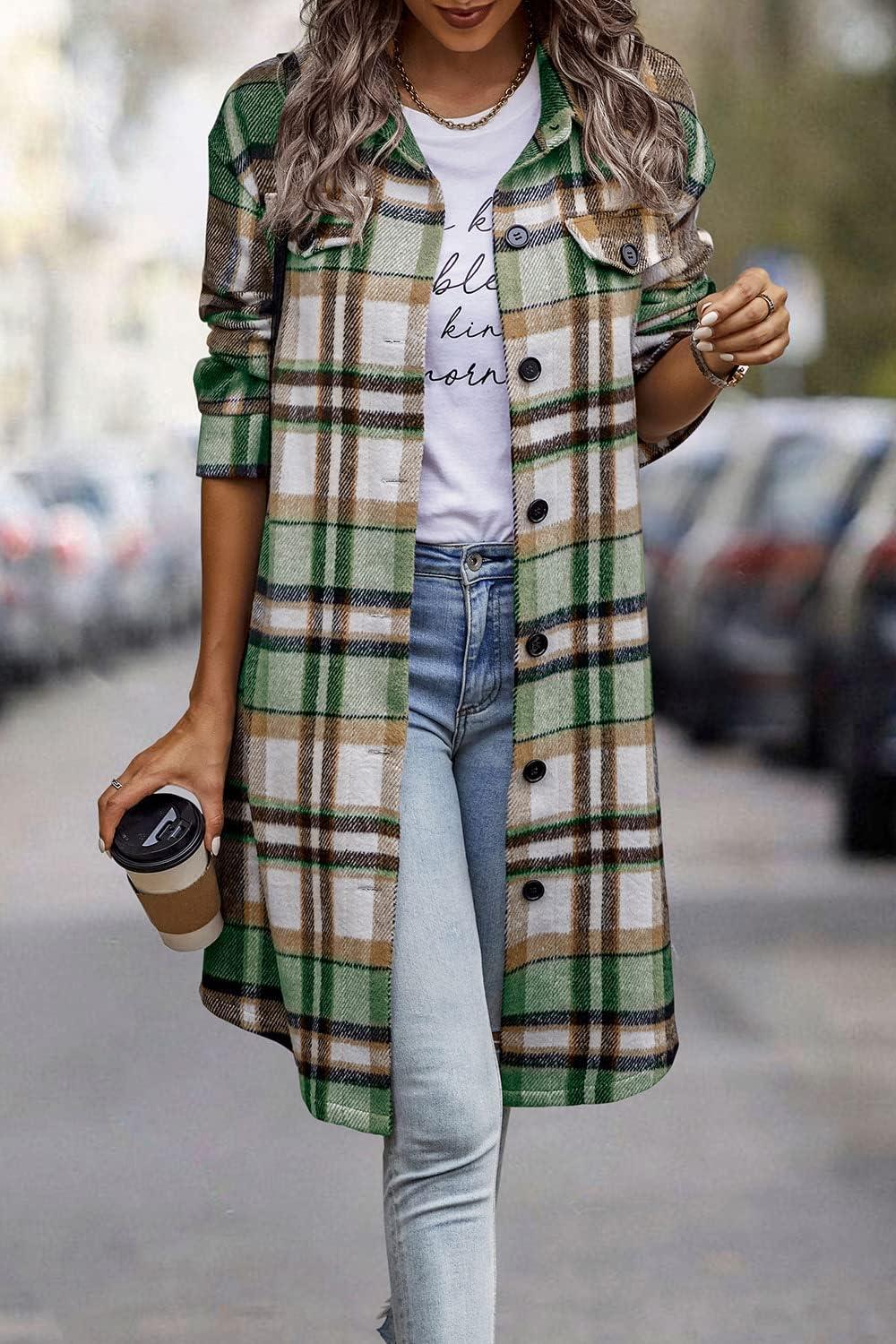 imagePRETTYGARDEN Womens Plaid Shacket Jacket Fall Fashion 2026 Long Sleeve Button Up Flannel Shirt Winter Clothing Woolen CoatsGreen