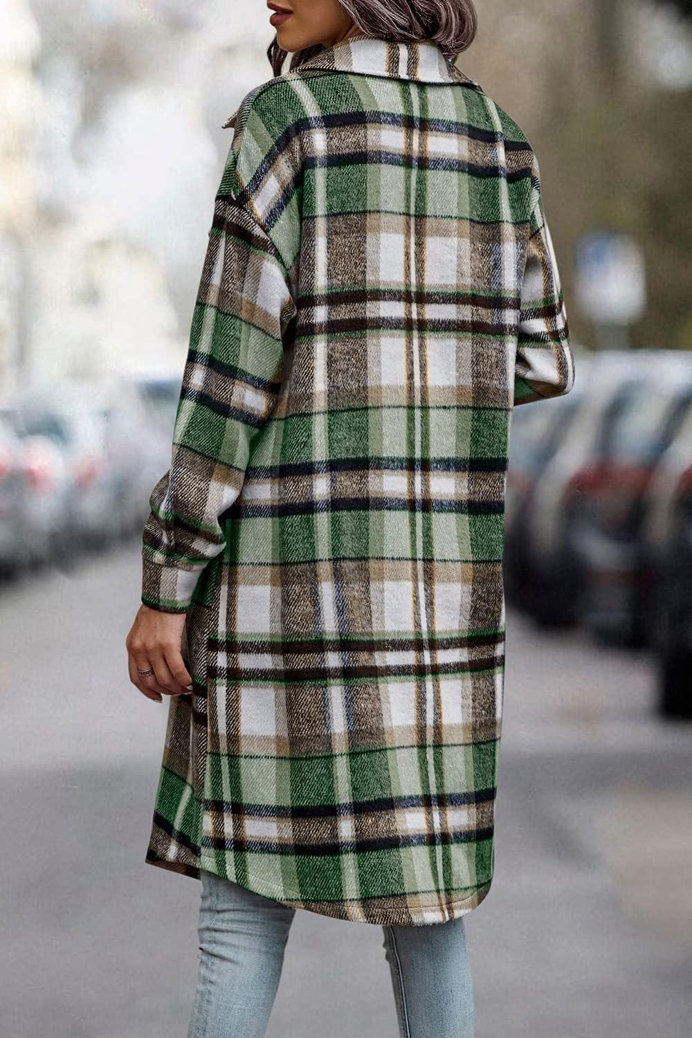 imagePRETTYGARDEN Womens Plaid Shacket Jacket Fall Fashion 2026 Long Sleeve Button Up Flannel Shirt Winter Clothing Woolen CoatsGreen