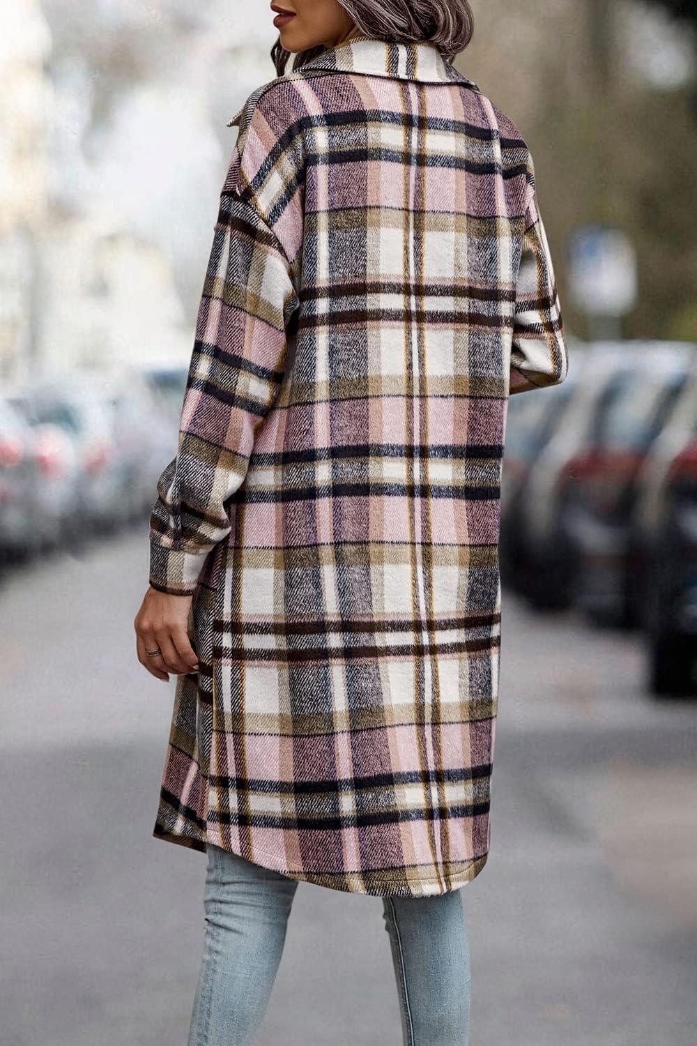 imagePRETTYGARDEN Womens Plaid Shacket Jacket Fall Fashion 2026 Long Sleeve Button Up Flannel Shirt Winter Clothing Woolen CoatsPink