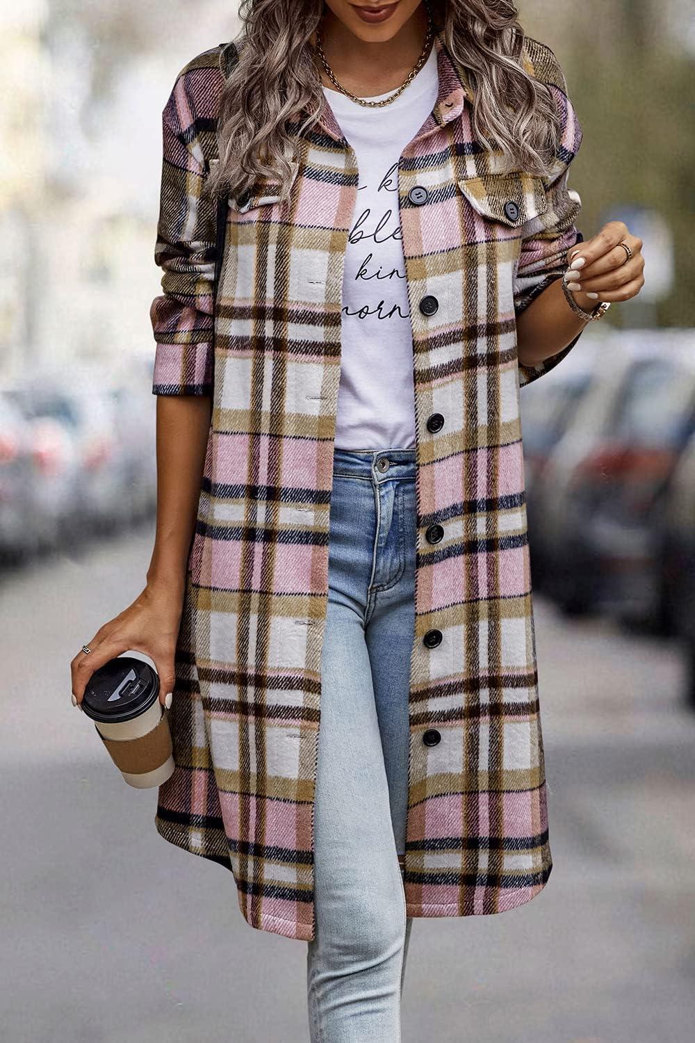imagePRETTYGARDEN Womens Plaid Shacket Jacket Fall Fashion 2026 Long Sleeve Button Up Flannel Shirt Winter Clothing Woolen CoatsPink