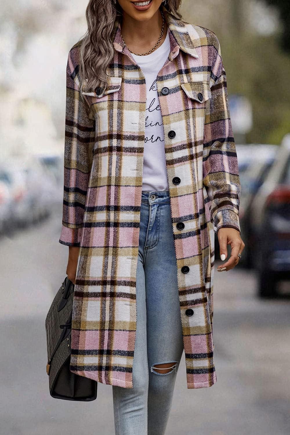 imagePRETTYGARDEN Womens Plaid Shacket Jacket Fall Fashion 2026 Long Sleeve Button Up Flannel Shirt Winter Clothing Woolen CoatsPink