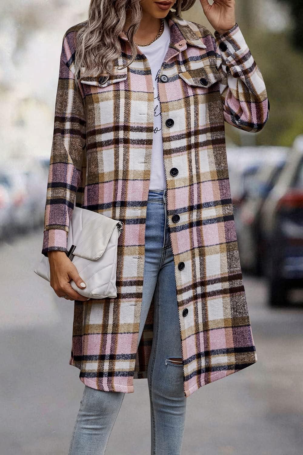 imagePRETTYGARDEN Womens Plaid Shacket Jacket Fall Fashion 2026 Long Sleeve Button Up Flannel Shirt Winter Clothing Woolen CoatsPink