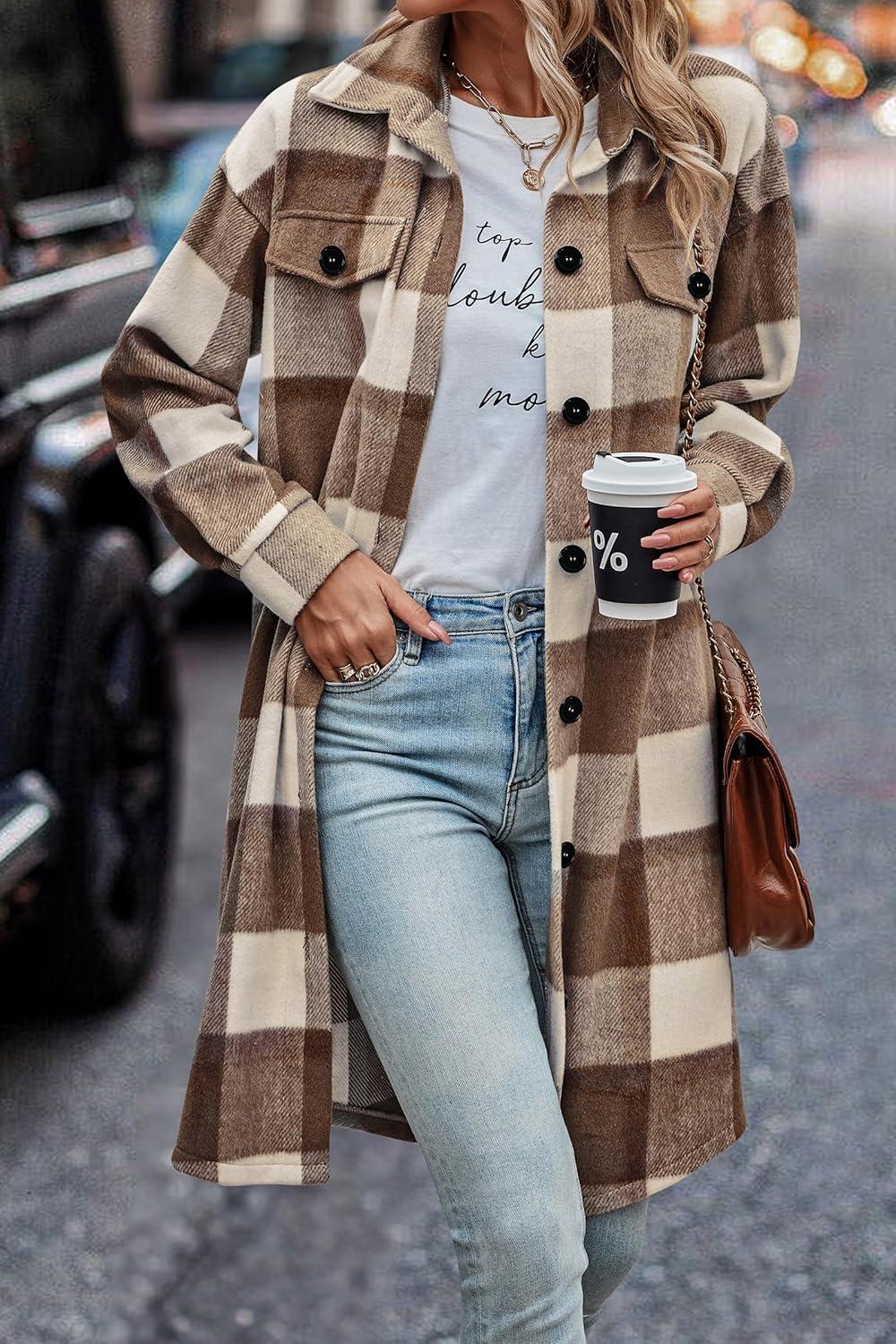 imagePRETTYGARDEN Womens Plaid Shacket Jacket Fall Fashion 2026 Long Sleeve Button Up Flannel Shirt Winter Clothing Woolen CoatsPlaid Brown