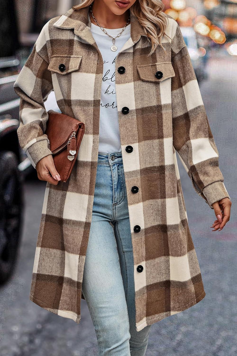 imagePRETTYGARDEN Womens Plaid Shacket Jacket Fall Fashion 2026 Long Sleeve Button Up Flannel Shirt Winter Clothing Woolen CoatsPlaid Brown