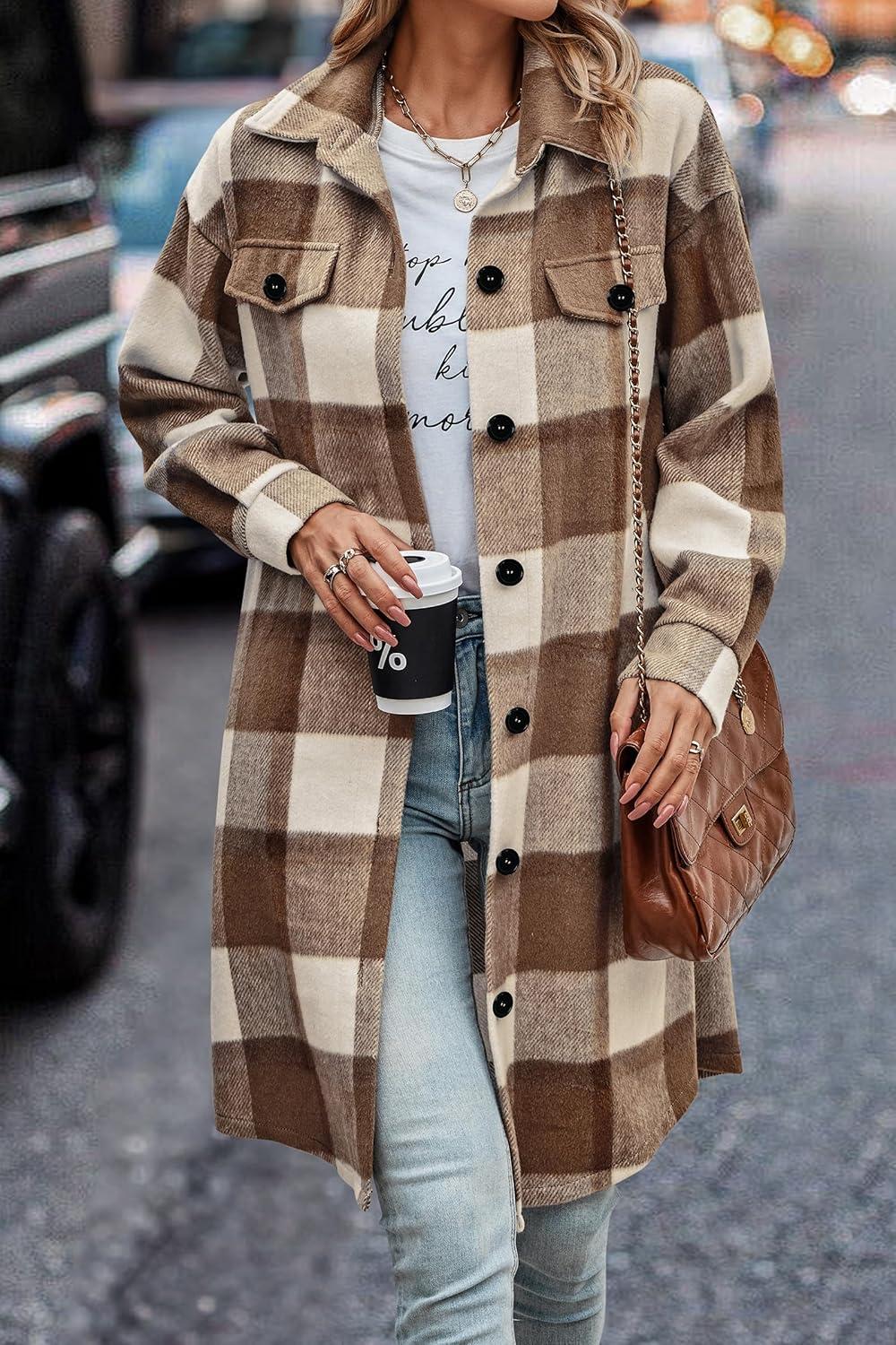 imagePRETTYGARDEN Womens Plaid Shacket Jacket Fall Fashion 2026 Long Sleeve Button Up Flannel Shirt Winter Clothing Woolen CoatsPlaid Brown