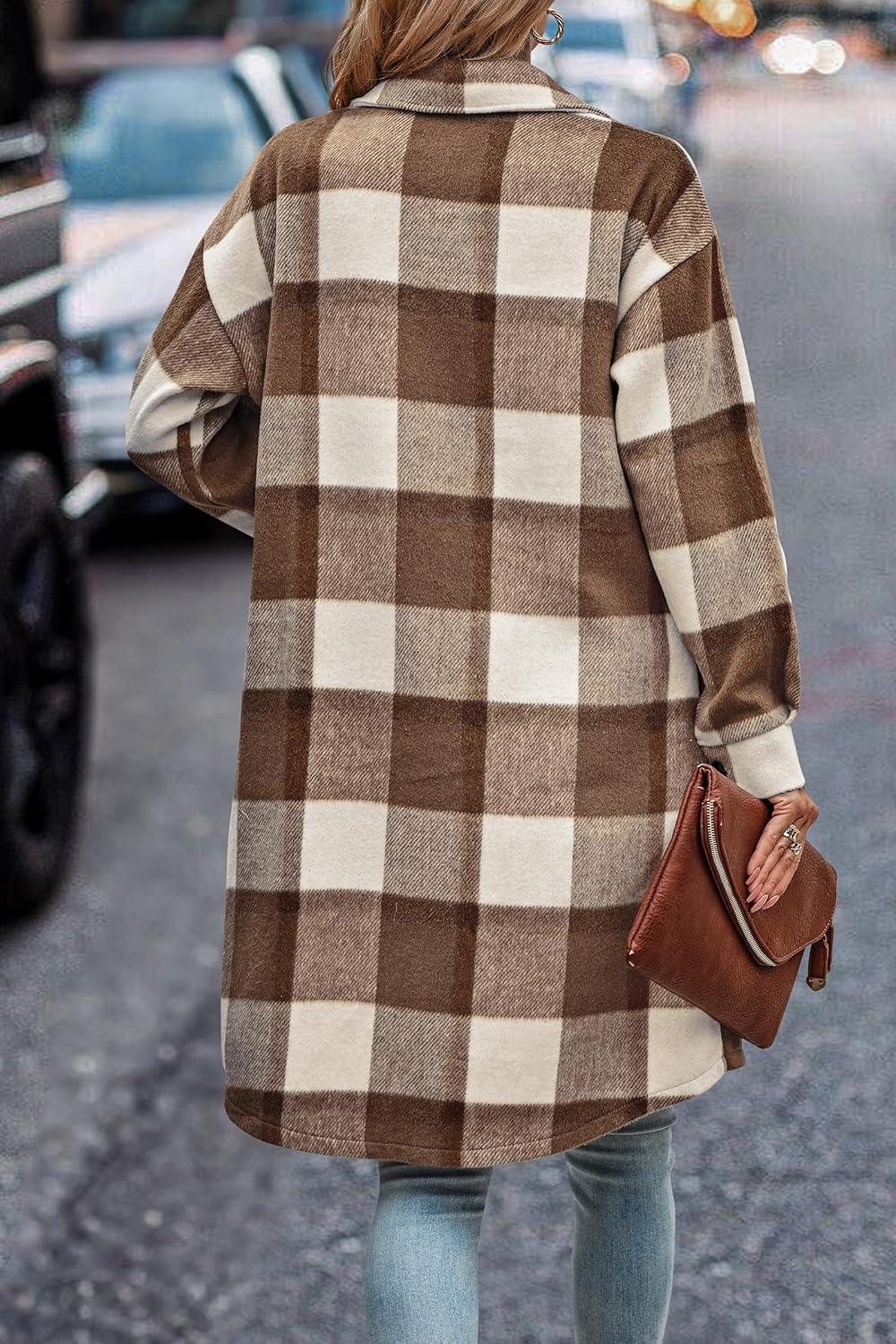 imagePRETTYGARDEN Womens Plaid Shacket Jacket Fall Fashion 2026 Long Sleeve Button Up Flannel Shirt Winter Clothing Woolen CoatsPlaid Brown