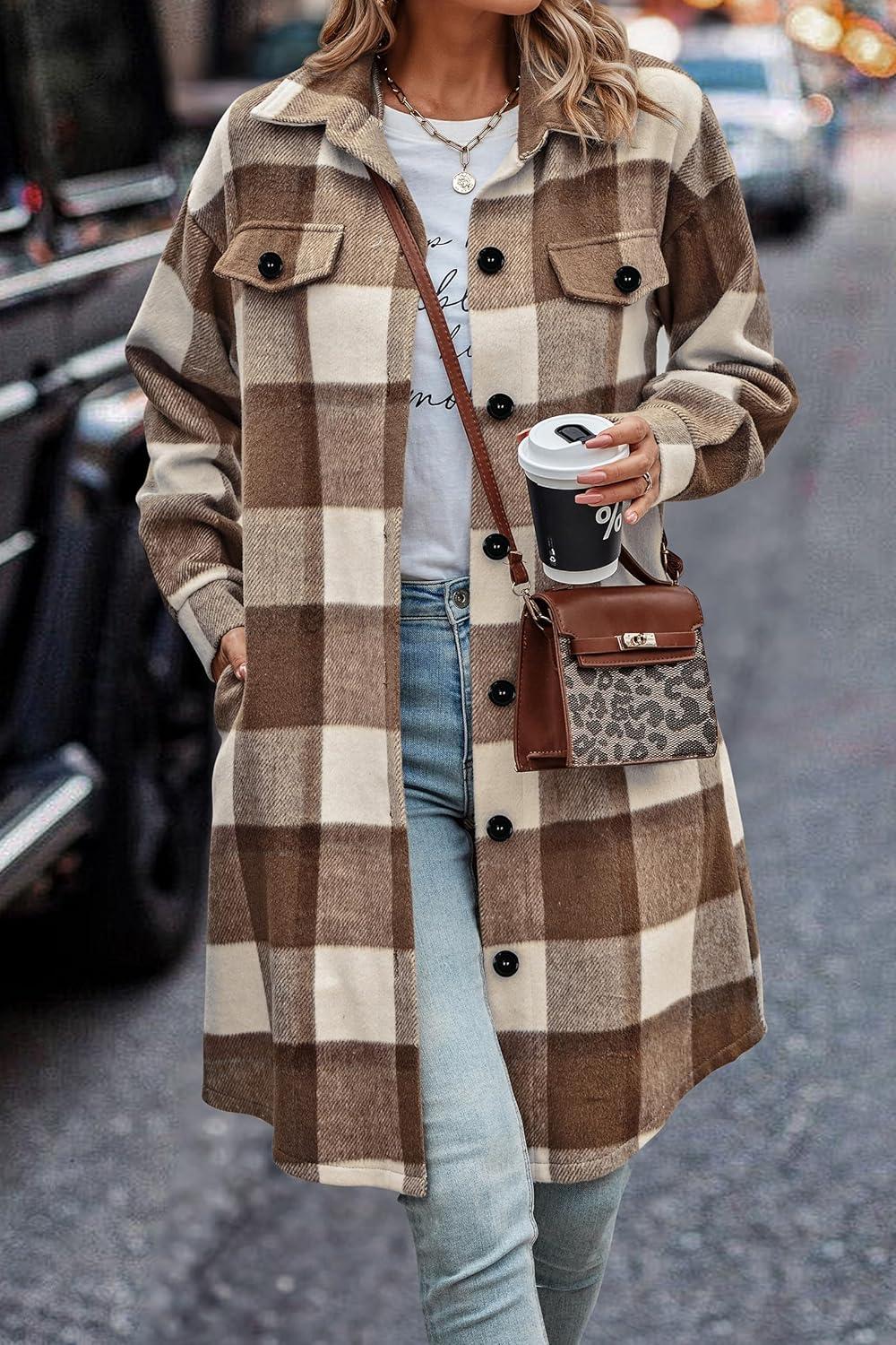 imagePRETTYGARDEN Womens Plaid Shacket Jacket Fall Fashion 2026 Long Sleeve Button Up Flannel Shirt Winter Clothing Woolen CoatsPlaid Brown