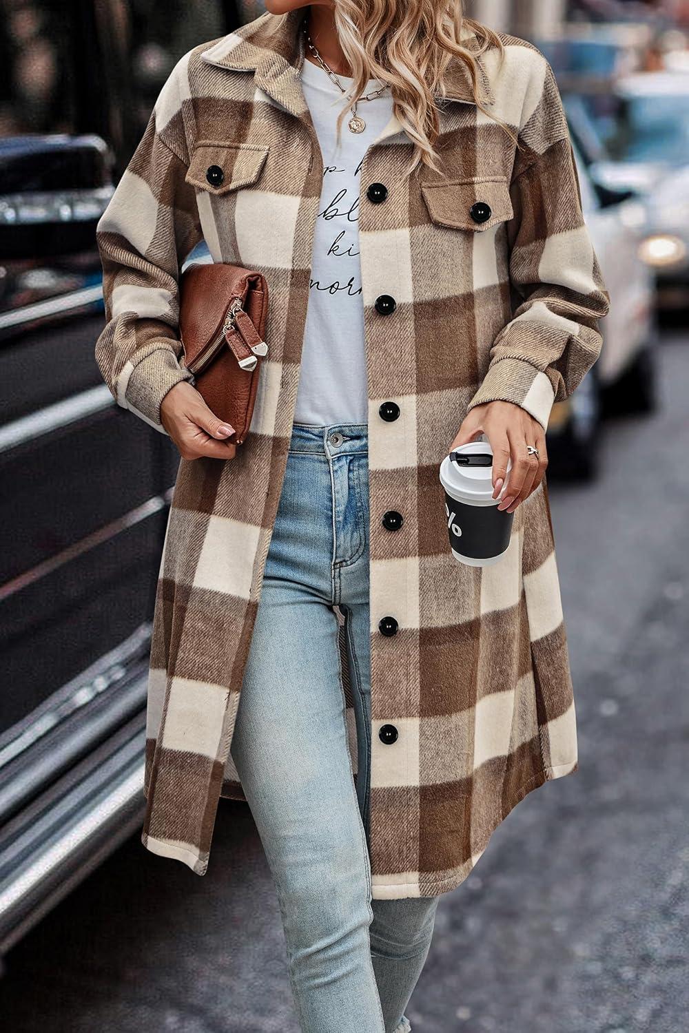 imagePRETTYGARDEN Womens Plaid Shacket Jacket Fall Fashion 2026 Long Sleeve Button Up Flannel Shirt Winter Clothing Woolen CoatsPlaid Brown