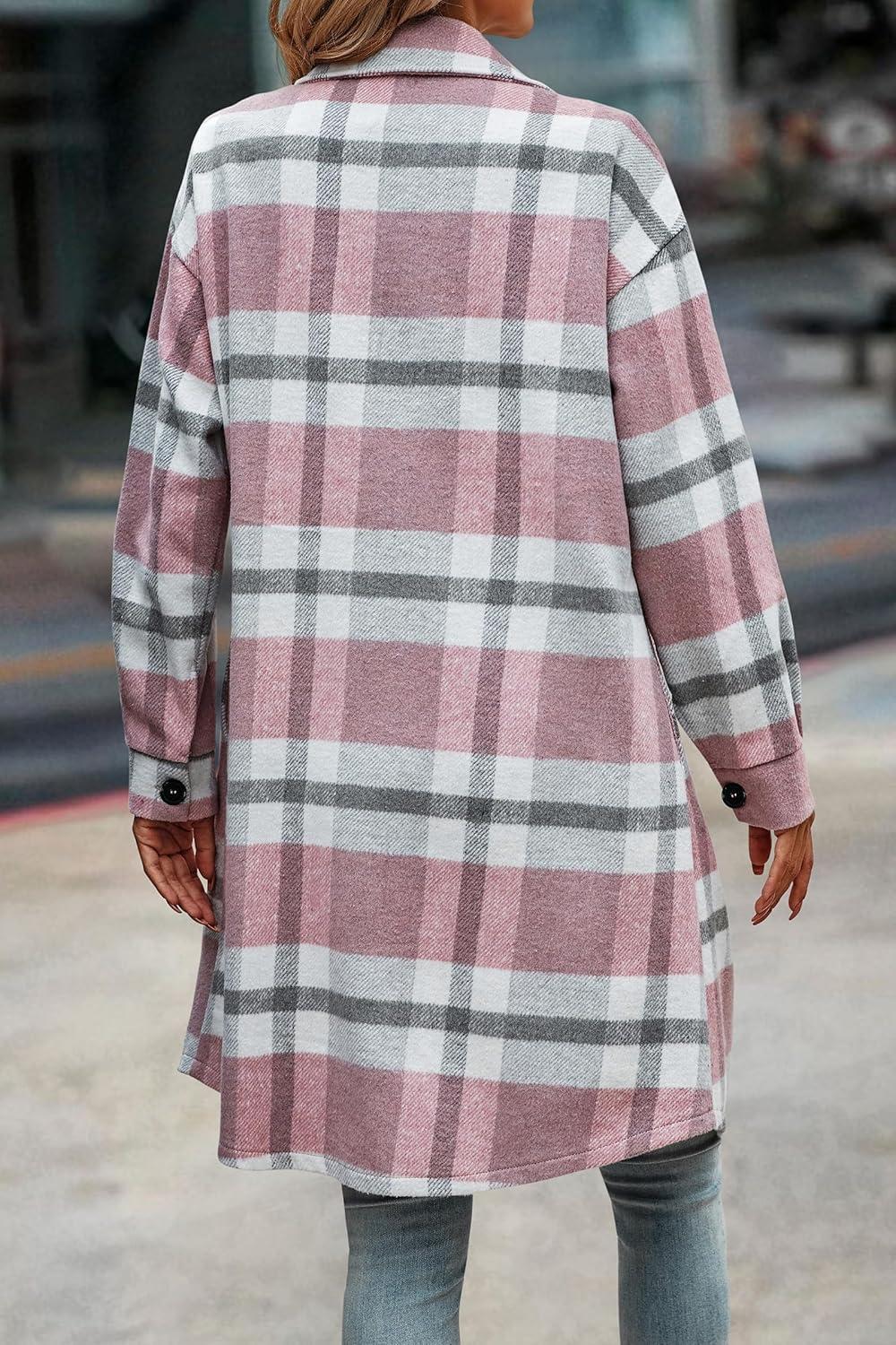 imagePRETTYGARDEN Womens Plaid Shacket Jacket Fall Fashion 2026 Long Sleeve Button Up Flannel Shirt Winter Clothing Woolen CoatsPlaid Pink