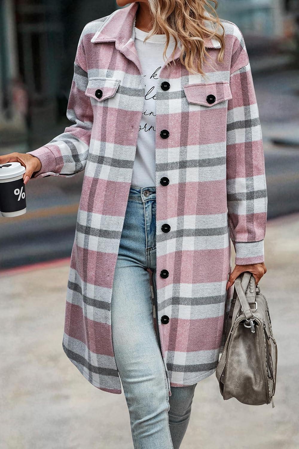 imagePRETTYGARDEN Womens Plaid Shacket Jacket Fall Fashion 2026 Long Sleeve Button Up Flannel Shirt Winter Clothing Woolen CoatsPlaid Pink