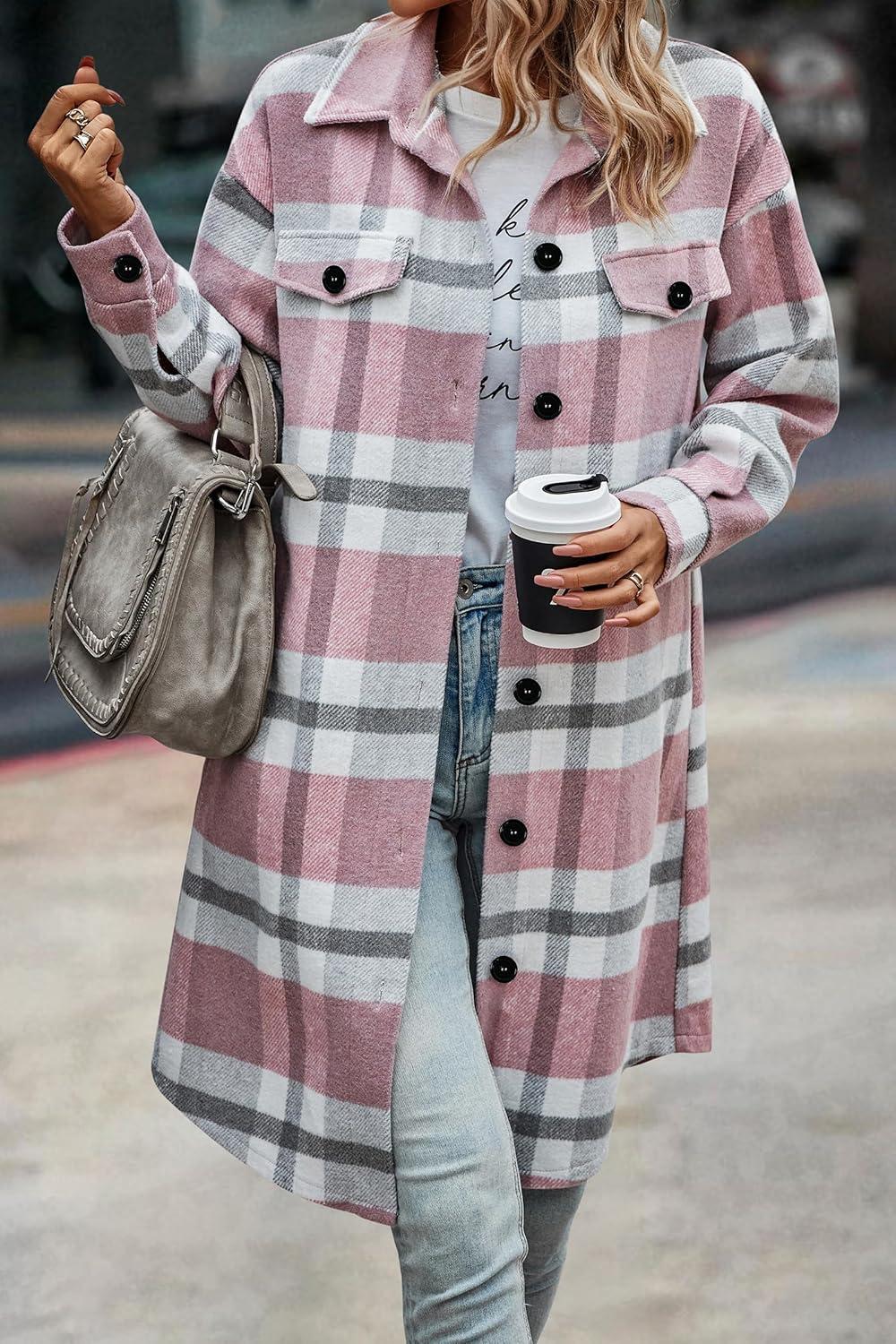 imagePRETTYGARDEN Womens Plaid Shacket Jacket Fall Fashion 2026 Long Sleeve Button Up Flannel Shirt Winter Clothing Woolen CoatsPlaid Pink