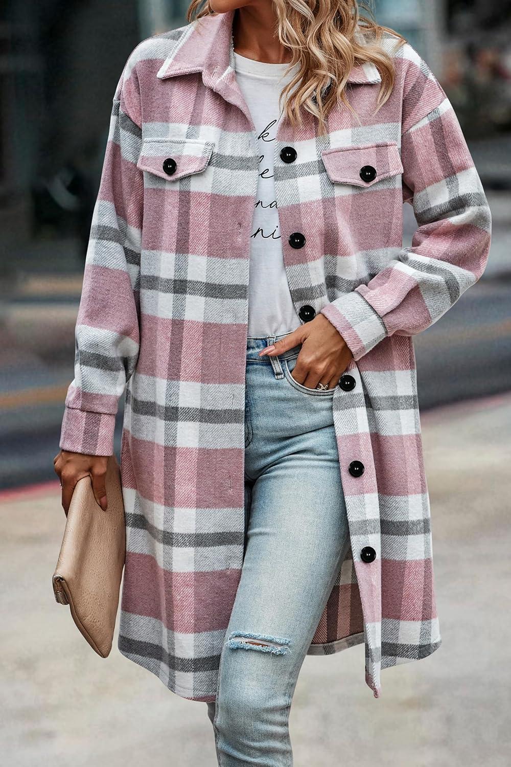 imagePRETTYGARDEN Womens Plaid Shacket Jacket Fall Fashion 2026 Long Sleeve Button Up Flannel Shirt Winter Clothing Woolen CoatsPlaid Pink