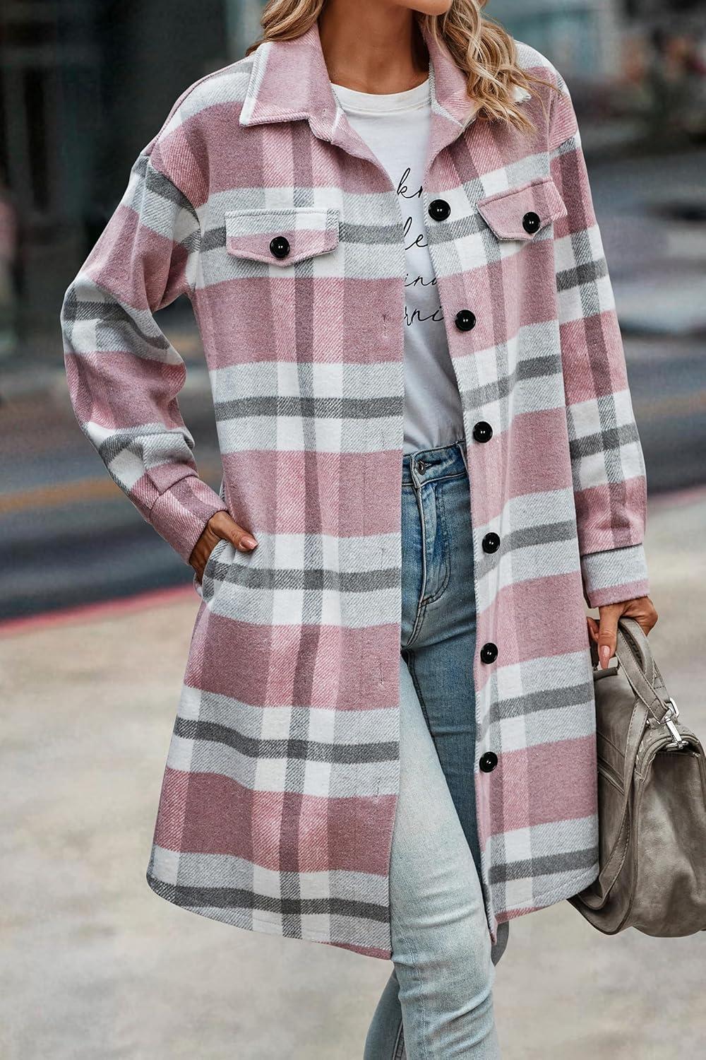 imagePRETTYGARDEN Womens Plaid Shacket Jacket Fall Fashion 2026 Long Sleeve Button Up Flannel Shirt Winter Clothing Woolen CoatsPlaid Pink