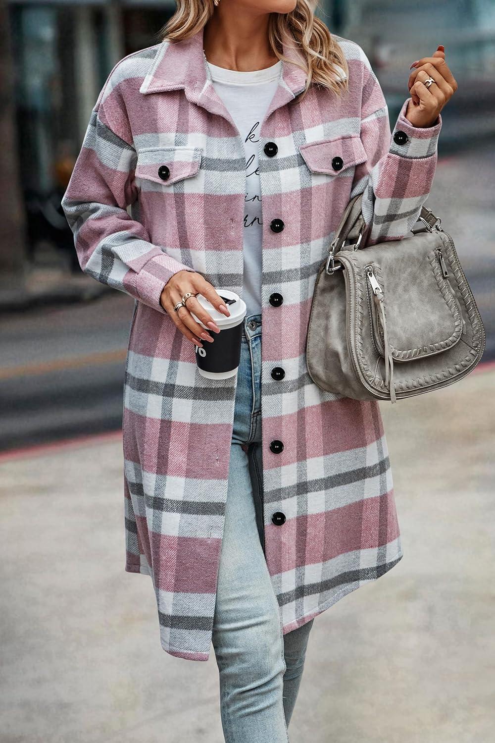 imagePRETTYGARDEN Womens Plaid Shacket Jacket Fall Fashion 2026 Long Sleeve Button Up Flannel Shirt Winter Clothing Woolen CoatsPlaid Pink