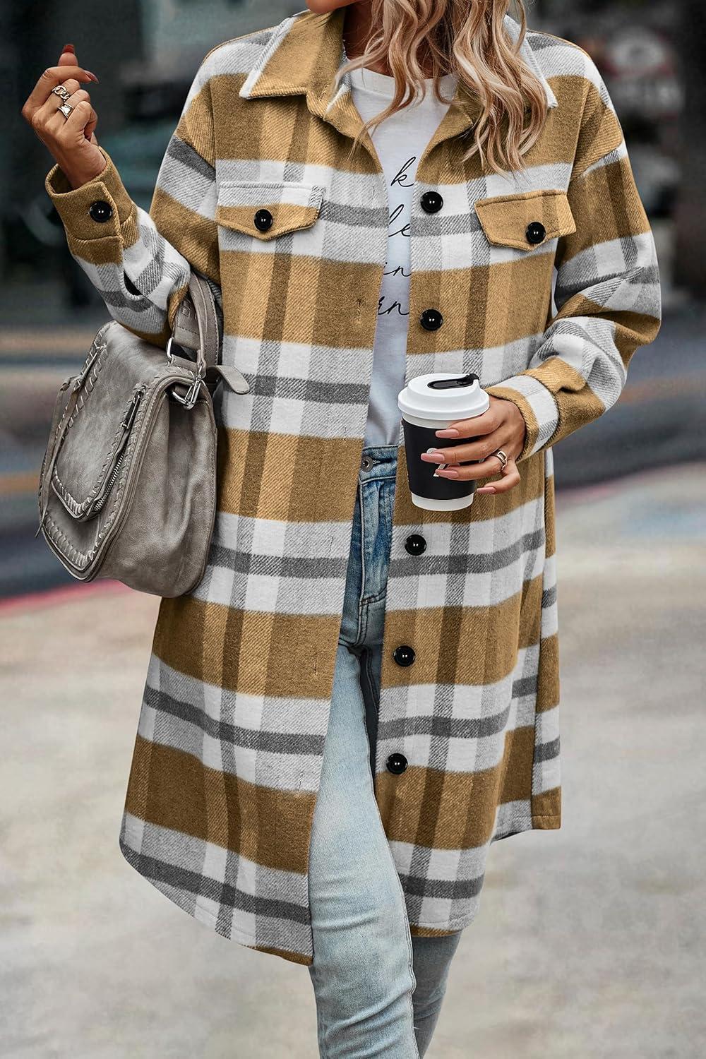 imagePRETTYGARDEN Womens Plaid Shacket Jacket Fall Fashion 2026 Long Sleeve Button Up Flannel Shirt Winter Clothing Woolen CoatsPlaid Yellow