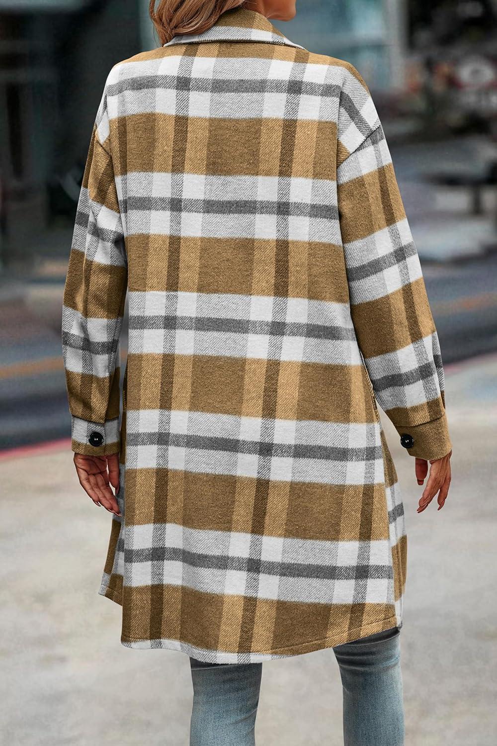 imagePRETTYGARDEN Womens Plaid Shacket Jacket Fall Fashion 2026 Long Sleeve Button Up Flannel Shirt Winter Clothing Woolen CoatsPlaid Yellow