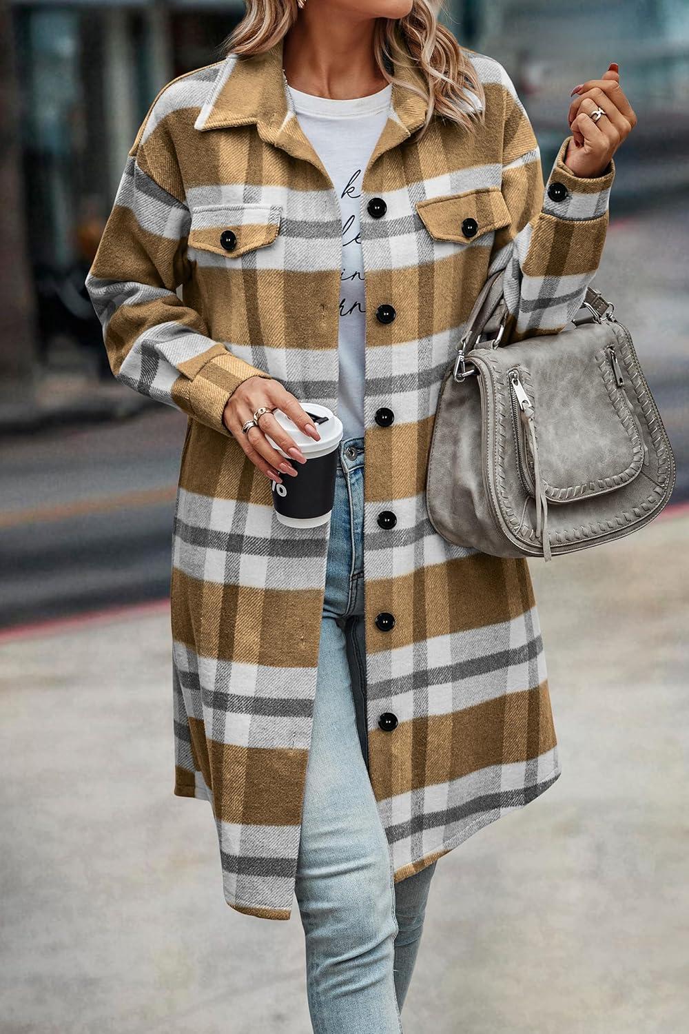 imagePRETTYGARDEN Womens Plaid Shacket Jacket Fall Fashion 2026 Long Sleeve Button Up Flannel Shirt Winter Clothing Woolen CoatsPlaid Yellow