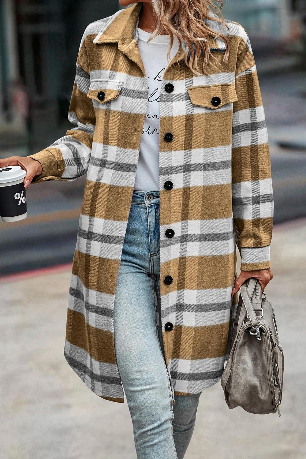 imagePRETTYGARDEN Womens Plaid Shacket Jacket Fall Fashion 2026 Long Sleeve Button Up Flannel Shirt Winter Clothing Woolen CoatsPlaid Yellow