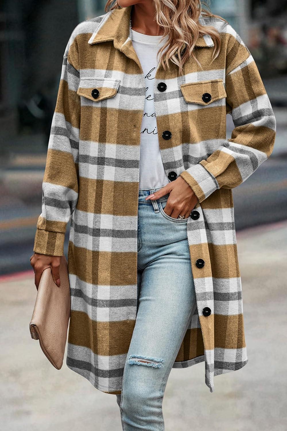 imagePRETTYGARDEN Womens Plaid Shacket Jacket Fall Fashion 2026 Long Sleeve Button Up Flannel Shirt Winter Clothing Woolen CoatsPlaid Yellow