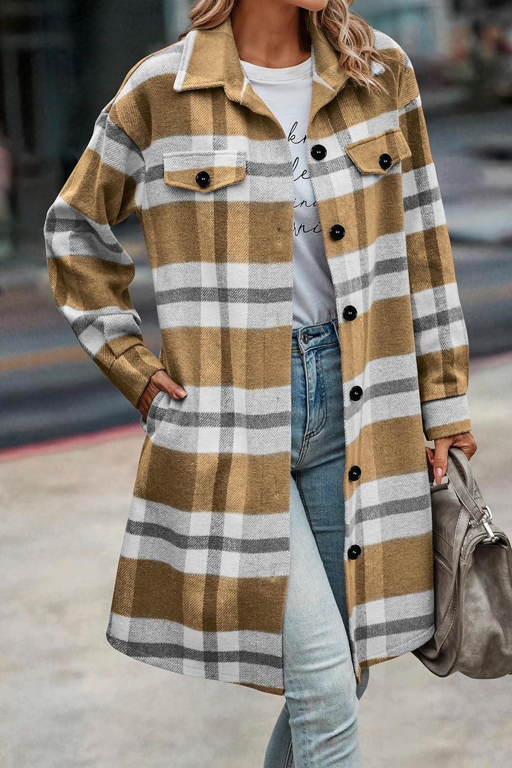 imagePRETTYGARDEN Womens Plaid Shacket Jacket Fall Fashion 2026 Long Sleeve Button Up Flannel Shirt Winter Clothing Woolen CoatsPlaid Yellow