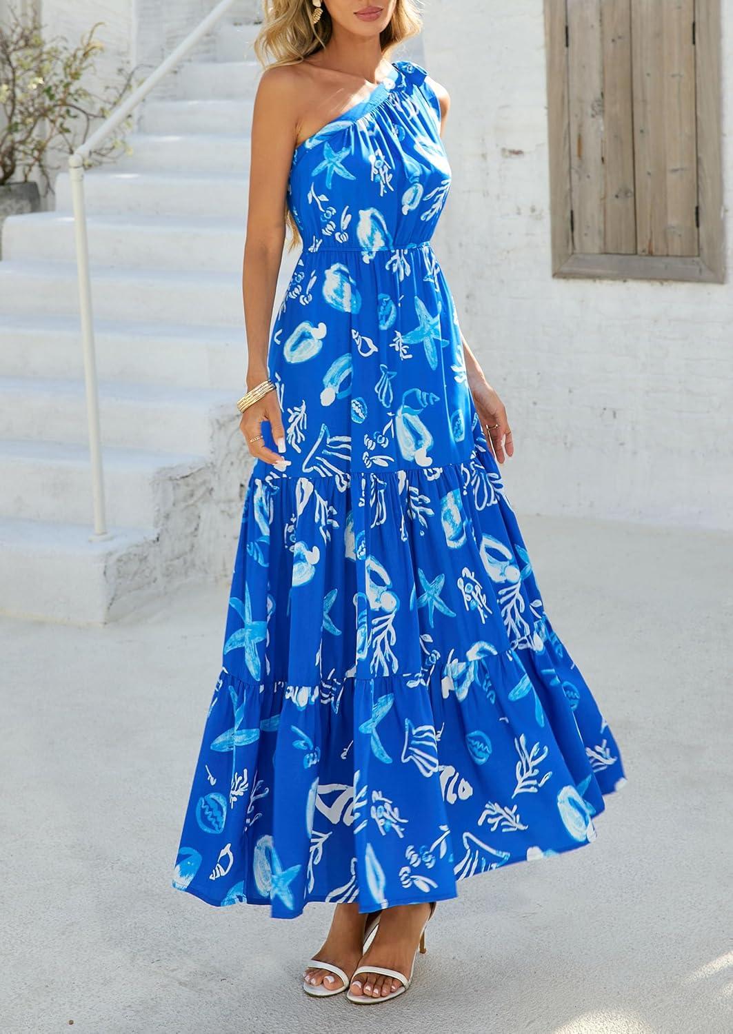 imagePRETTYGARDEN Womens Summer Floral One Shoulder Maxi Dress Knot Ruffle Boho Beach Vacation Wedding Guest Long Sun DressesBlue White Print