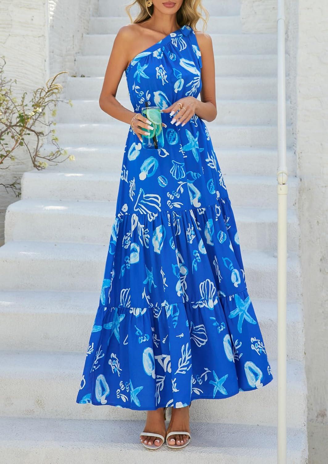 imagePRETTYGARDEN Womens Summer Floral One Shoulder Maxi Dress Knot Ruffle Boho Beach Vacation Wedding Guest Long Sun DressesBlue White Print