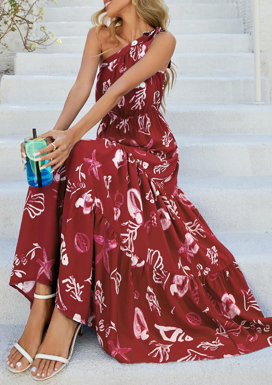 imagePRETTYGARDEN Womens Summer Floral One Shoulder Maxi Dress Knot Ruffle Boho Beach Vacation Wedding Guest Long Sun DressesWine Red Print