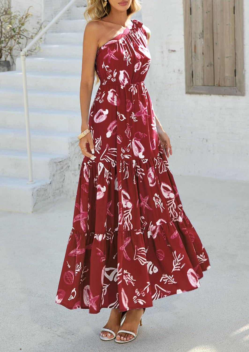 imagePRETTYGARDEN Womens Summer Floral One Shoulder Maxi Dress Knot Ruffle Boho Beach Vacation Wedding Guest Long Sun DressesWine Red Print